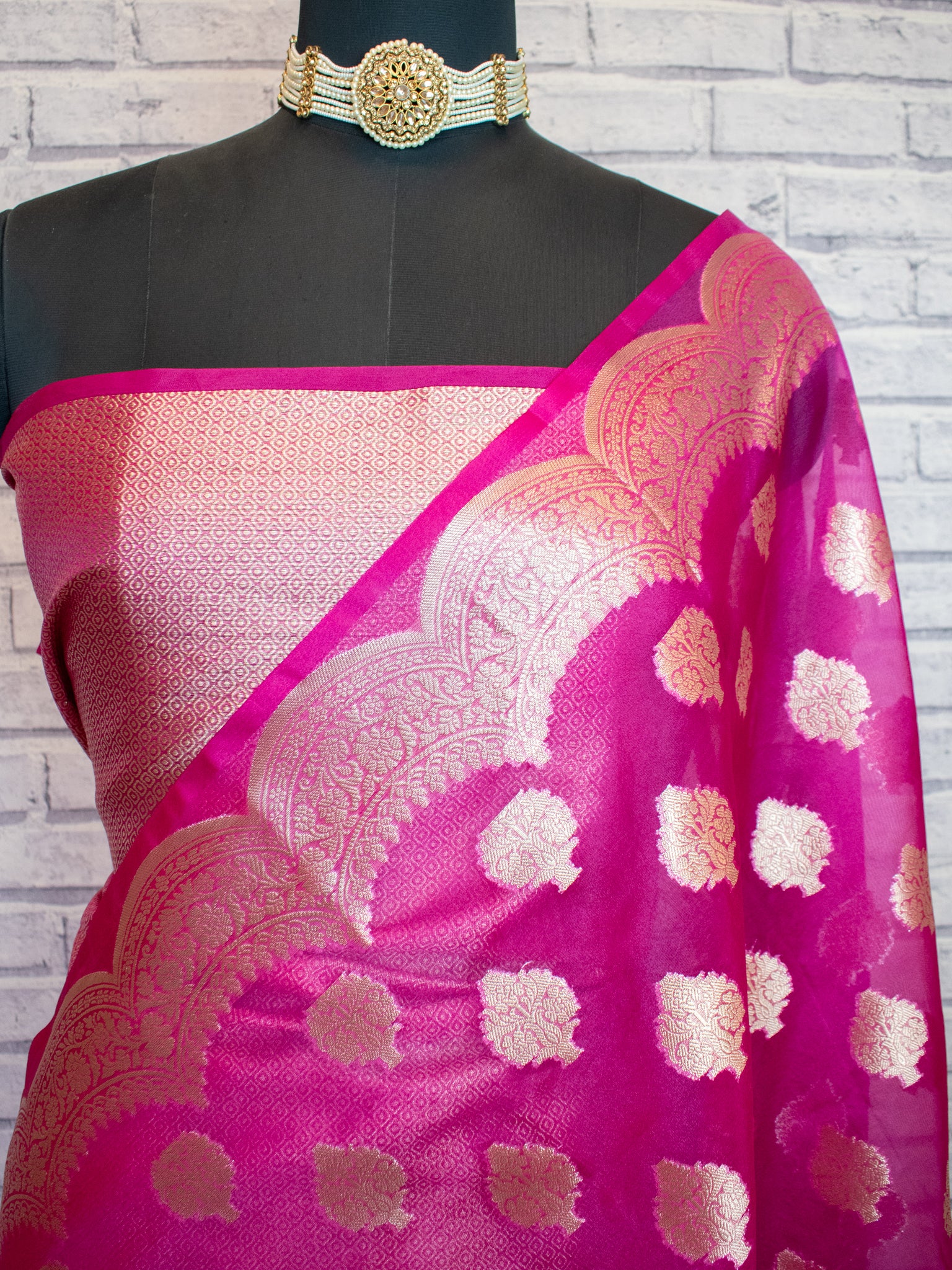 Banarasi Organza Saree With Zari Buta & Border- Magenta