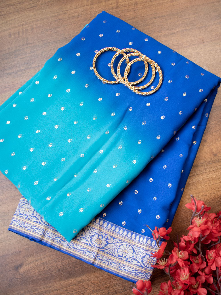 Dual Shade Semi Chiffon Gold Printed Saree With Zari Border-Blue