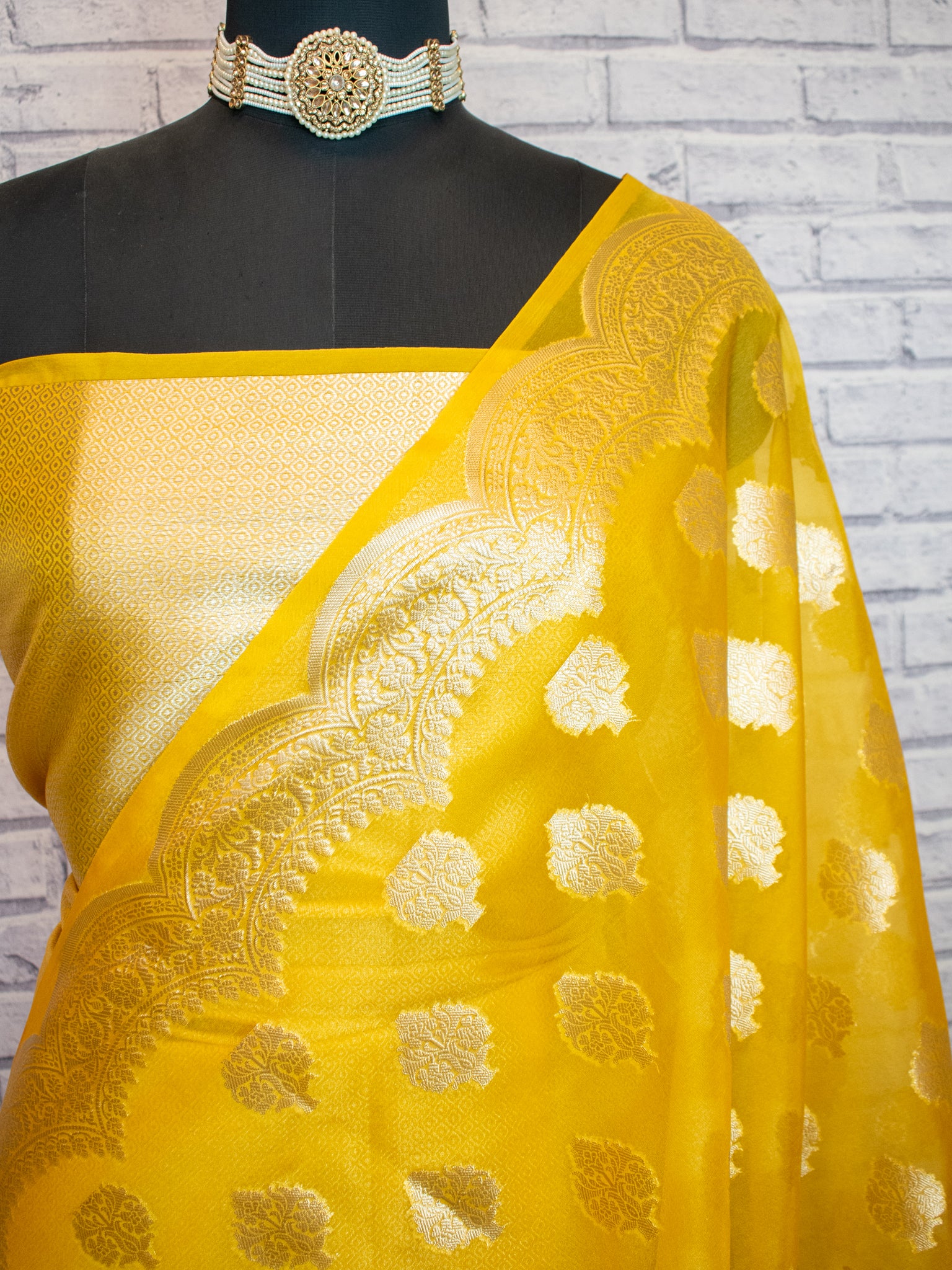 Banarasi Organza Saree With Zari Buta & Border- Yellow