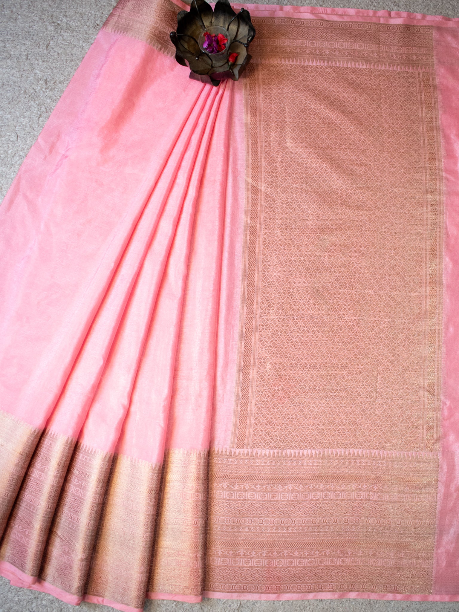 Banarasi Semi Silk Saree With Zari Weaving & Skirt Border-Pink