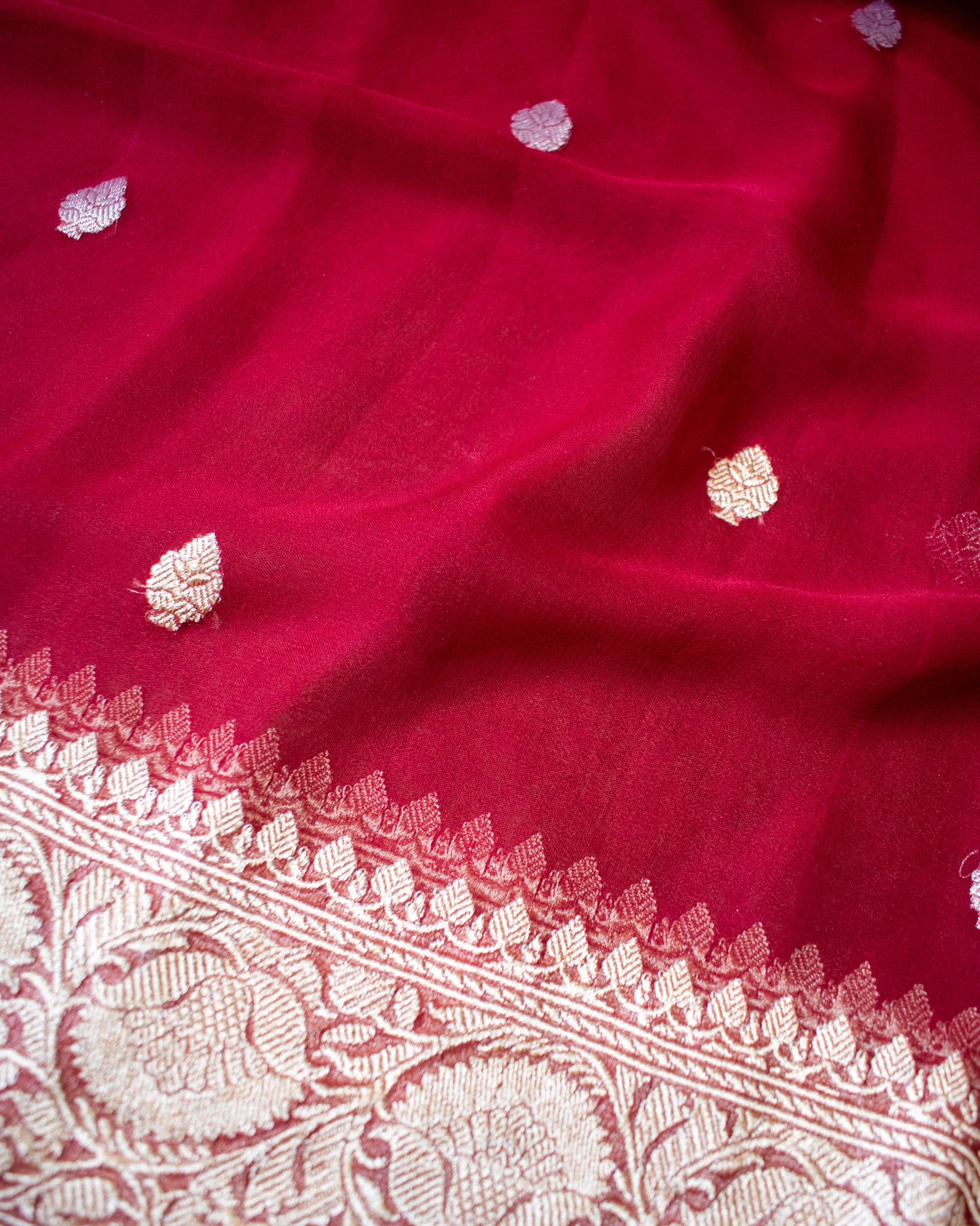 Banarasi Pure Khaddi Georgette Saree With Sona Rupa Zari Buti Weaving- Maroon