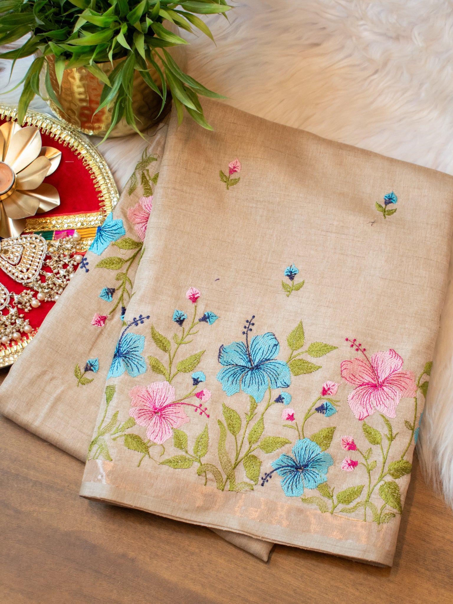 Floral Embroidered Tassar Silk Saree- Beige