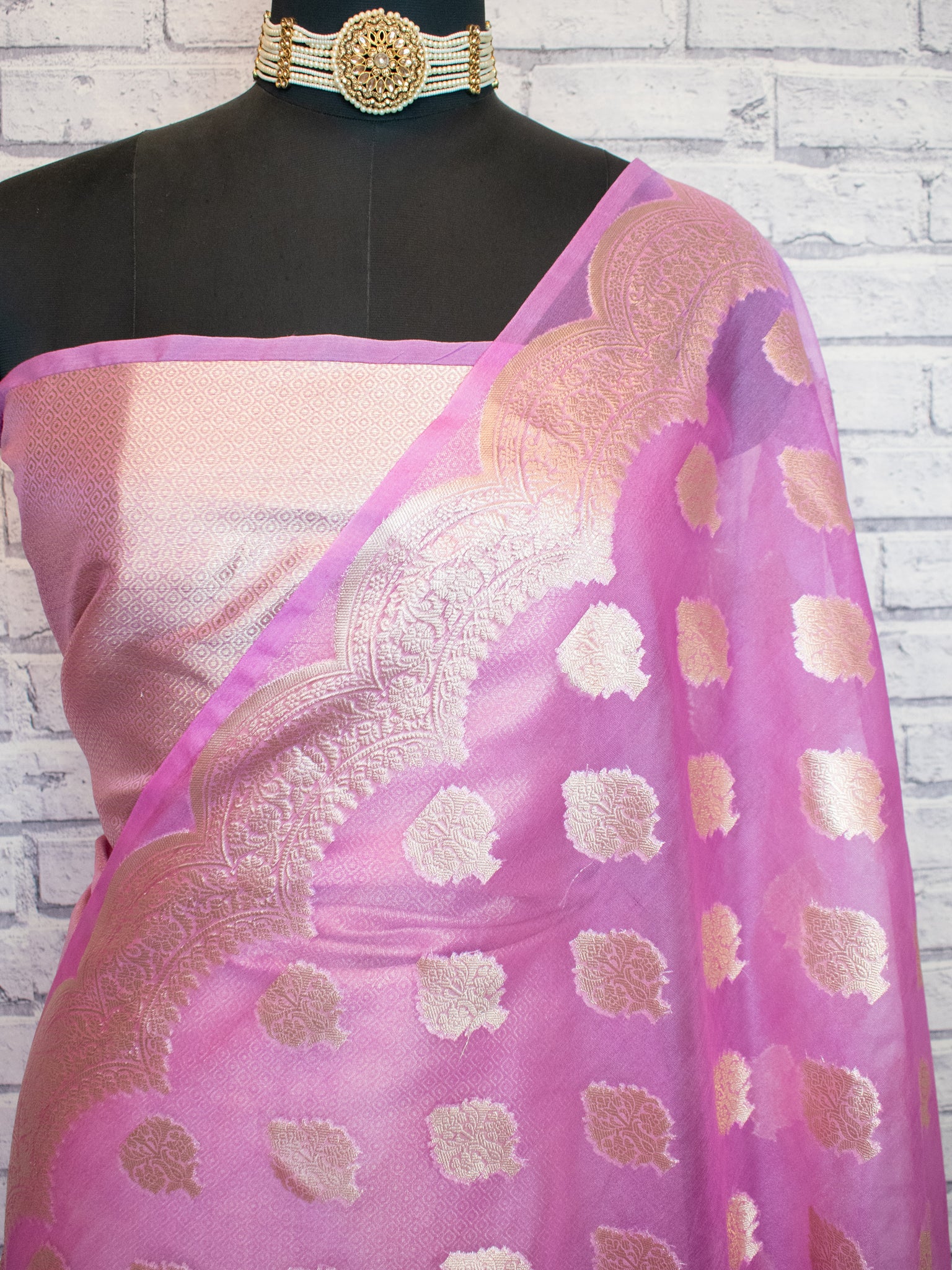 Banarasi Organza Saree With Zari Buta & Border- Pink