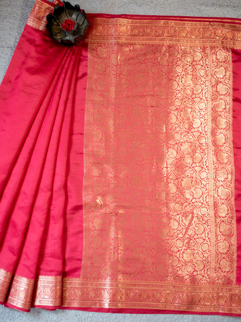 Banarasi Handwoven Plain Pure Dupion Silk Saree-Red