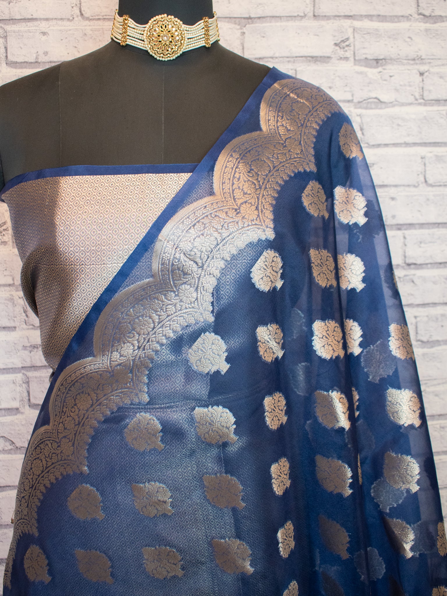 Banarasi Organza Saree With Zari Buta & Border- Blue