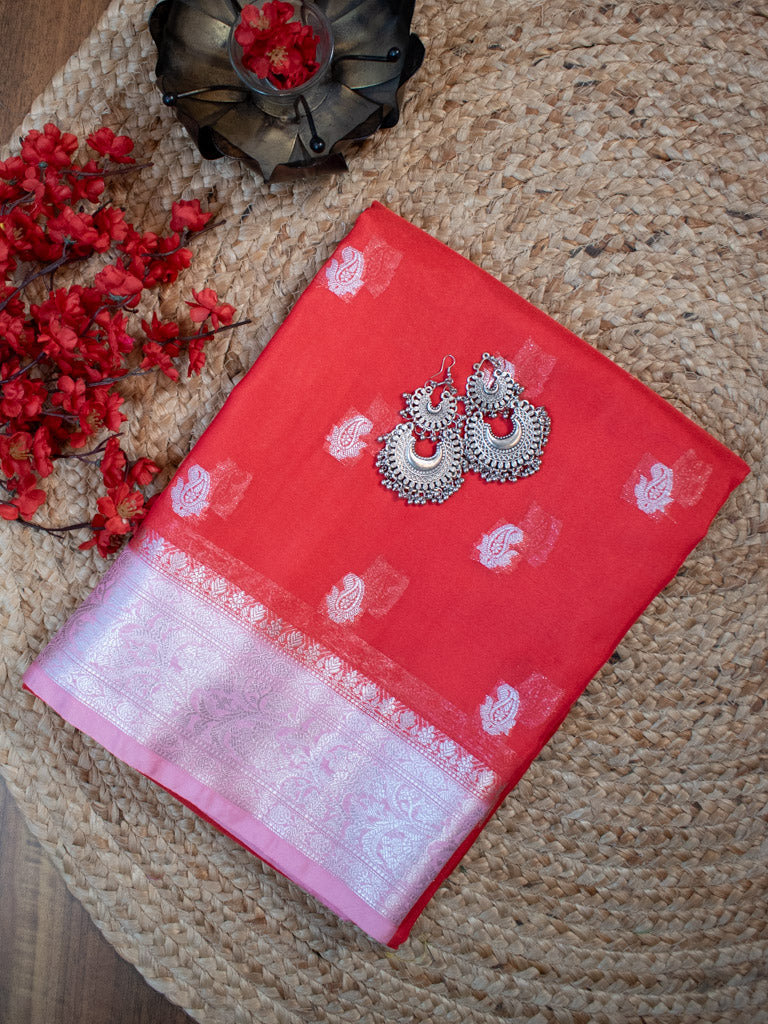 Banarasi Semi Chiffon Saree Silver Zari Buti Weaving & Contrast Border-Red