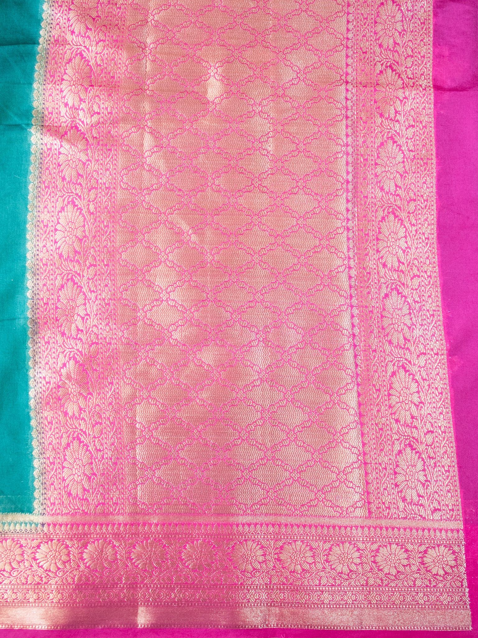 Banarasi Semi Georgette Saree with Floral Weaving & Contrast Border- Dark Green