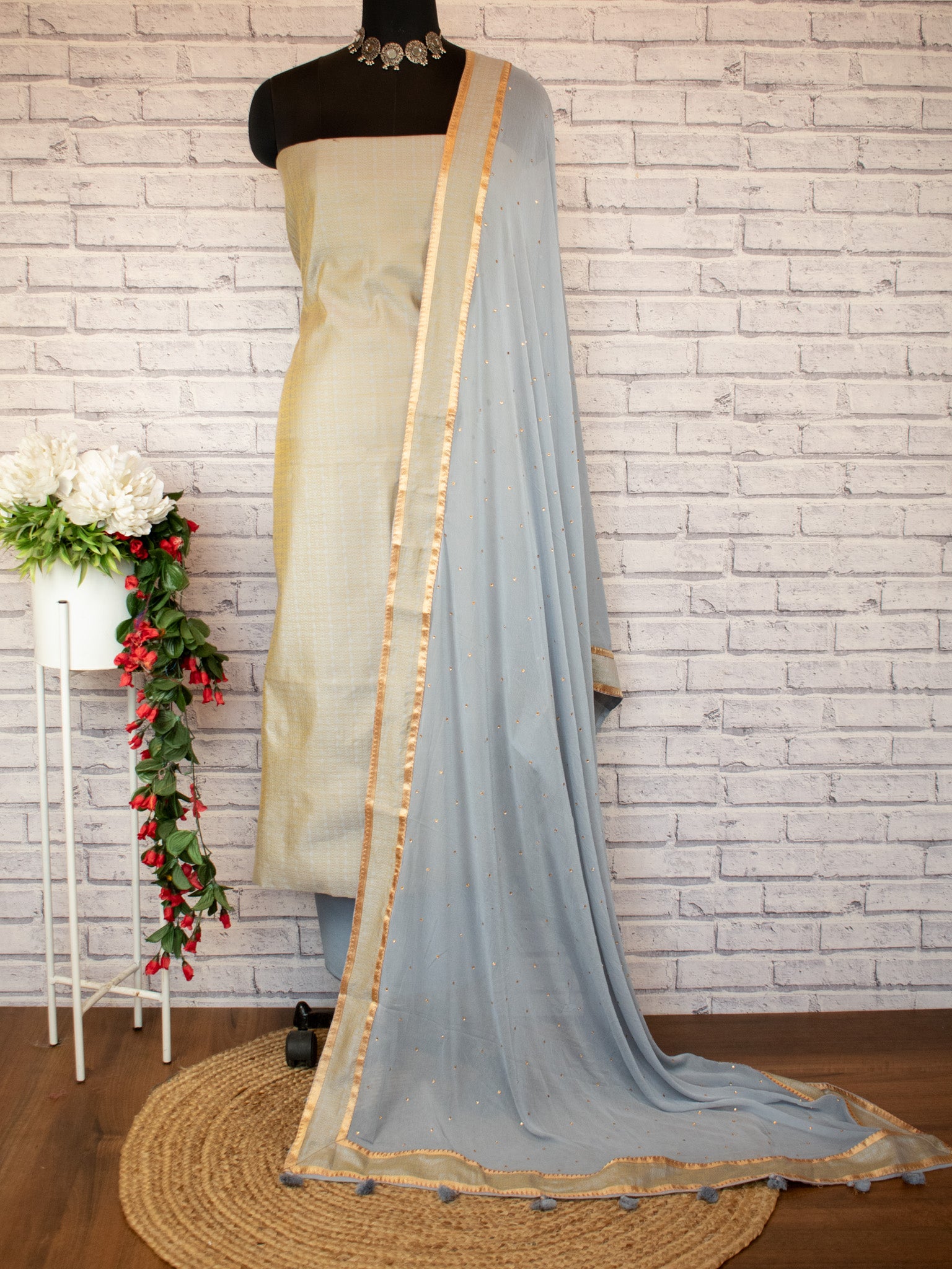 Banarasi Cotton Silk Resham Weaving Salwar Kameez Material With Dupatta-Grey