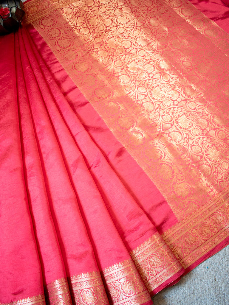 Banarasi Handwoven Plain Pure Dupion Silk Saree-Red