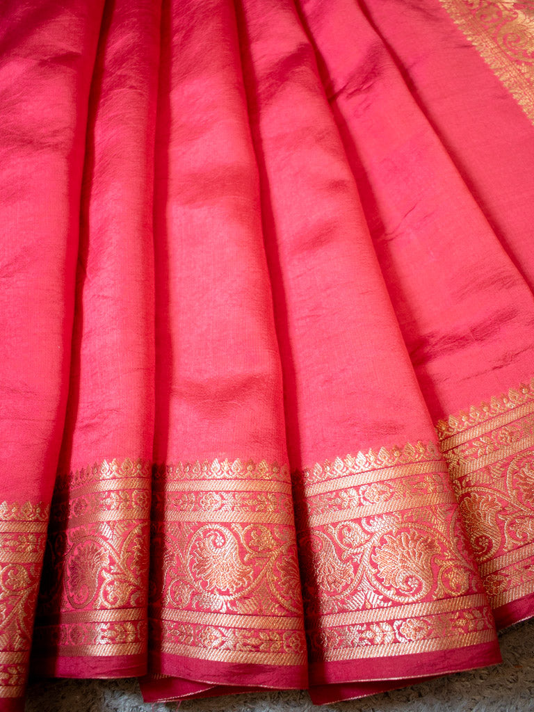 Banarasi Handwoven Plain Pure Dupion Silk Saree-Red