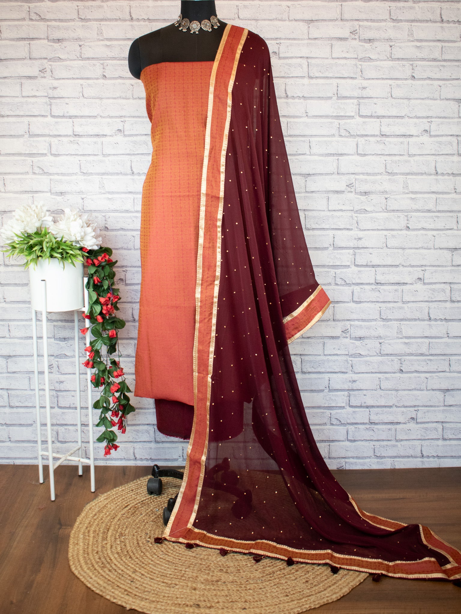 Banarasi Cotton Silk Resham Weaving Salwar Kameez Material With Dupatta- Orange