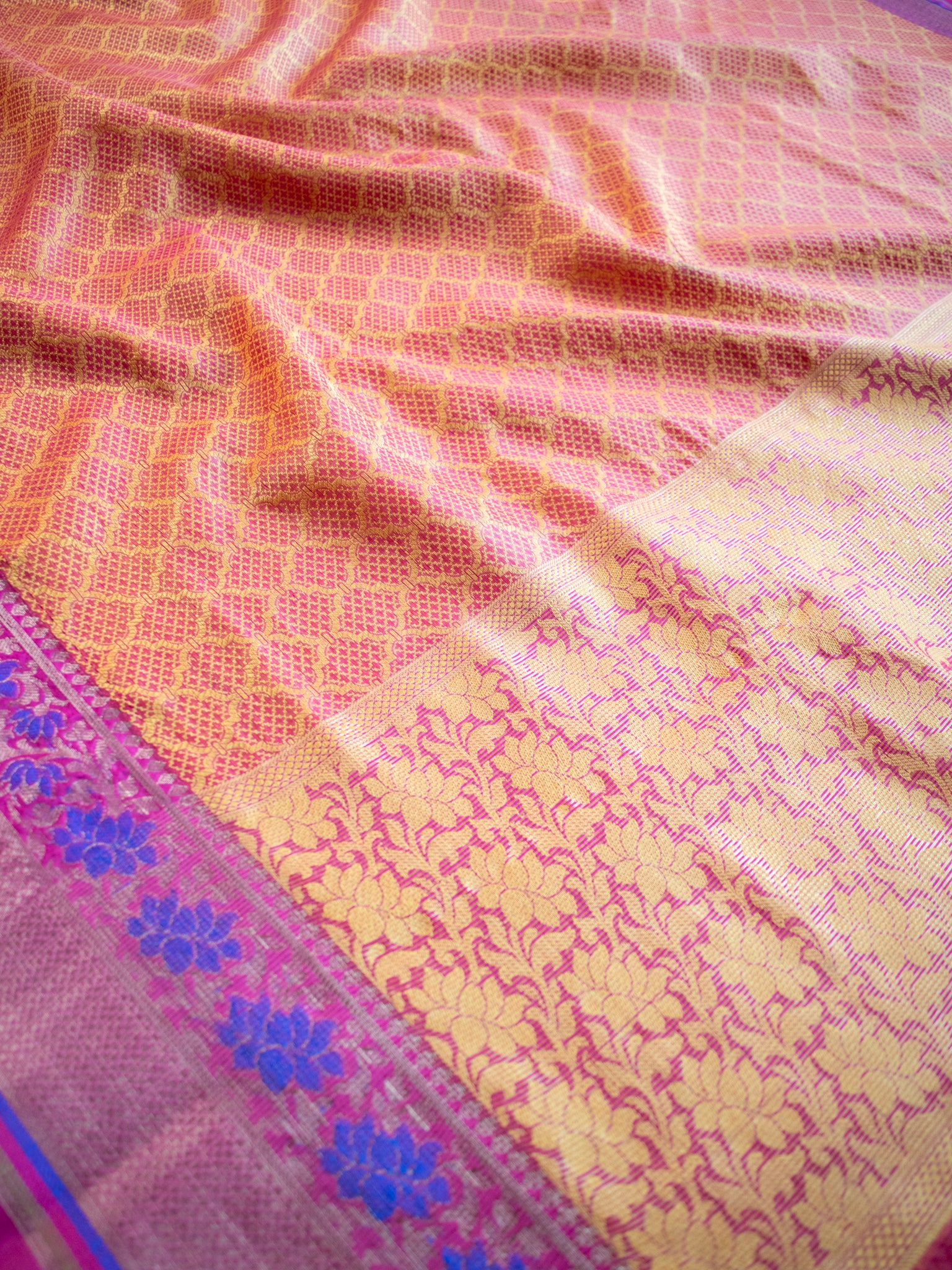 Banarasi Kora Muslin Saree With Tanchoi Weaving and Floral Border-Yellow