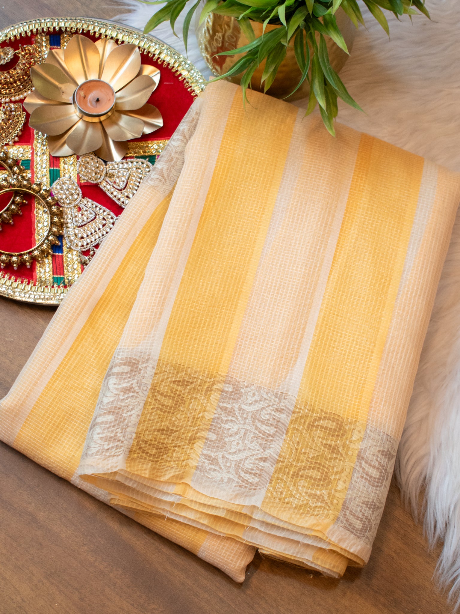 Banarasi Kota Check Saree with Resham Weaving Border- Yellow