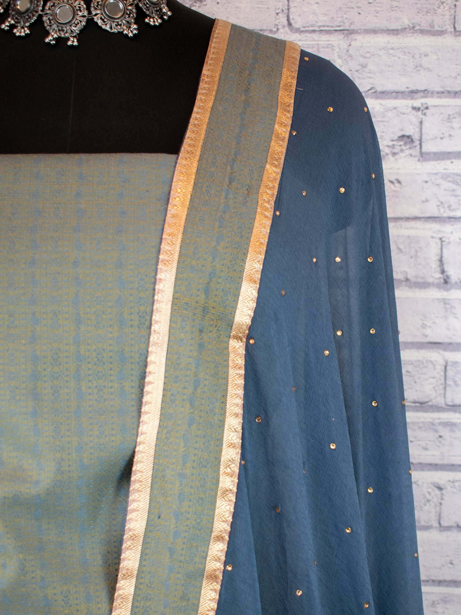 Banarasi Cotton Silk Resham Weaving Salwar Kameez Material With Dupatta- Green & Grey