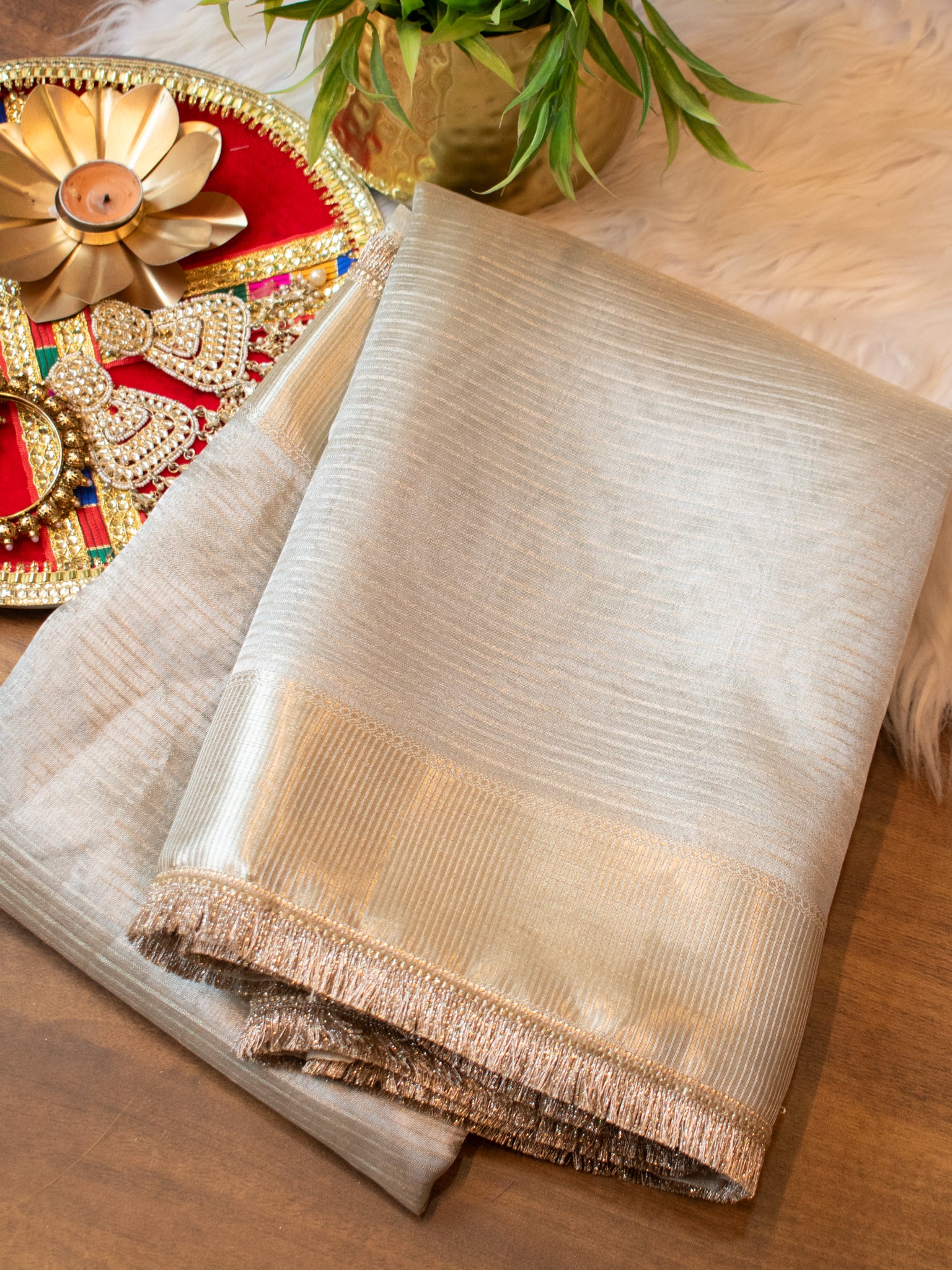 Banarasi Tissue Saree with Lace Border- Silver