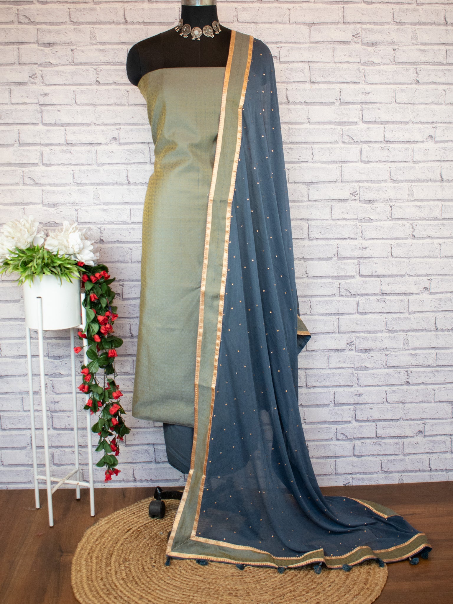 Banarasi Cotton Silk Resham Weaving Salwar Kameez Material With Dupatta- Green & Grey
