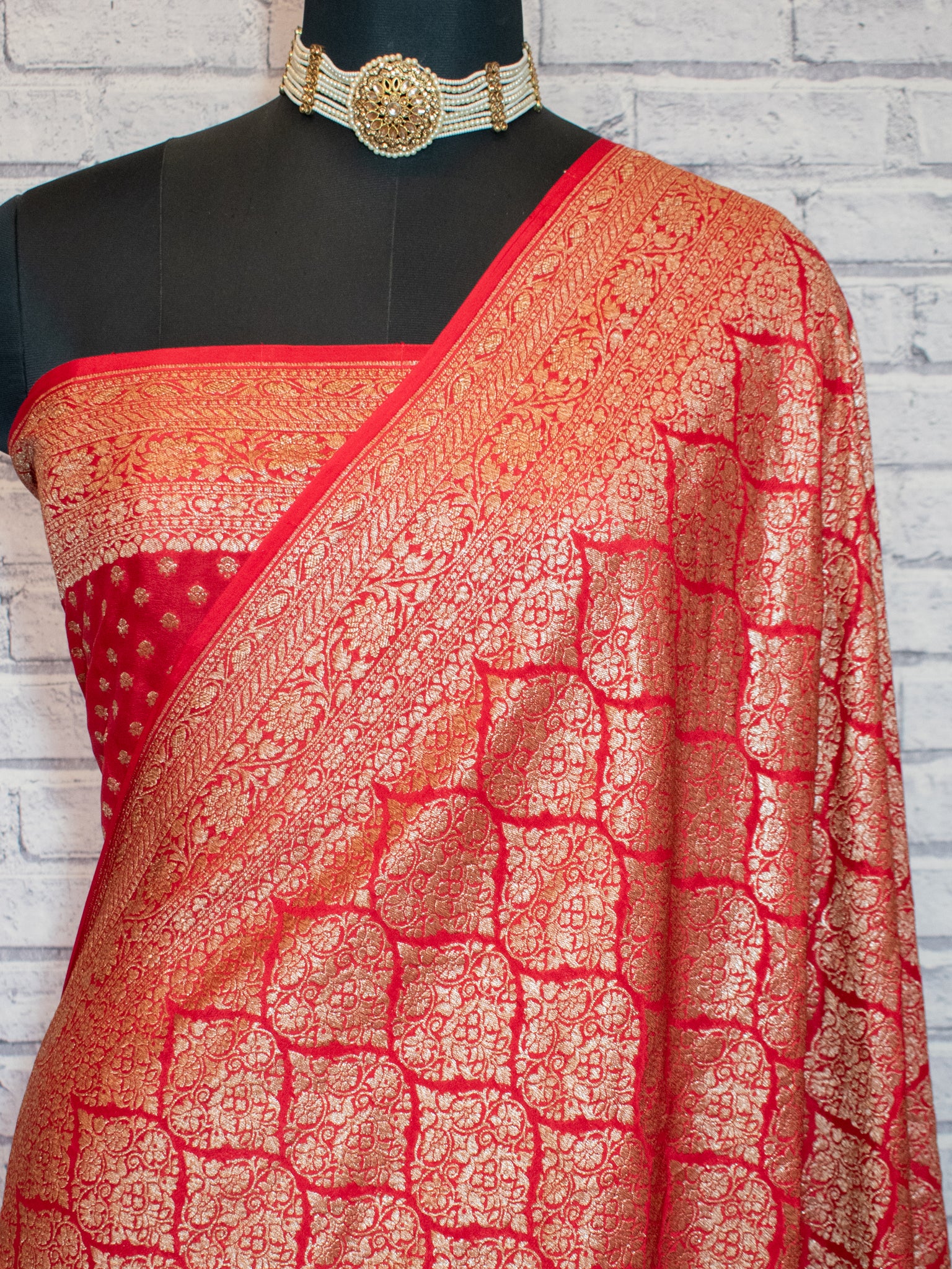 Banarasi Pure Khaddi Georgette Saree With Antique Zari Weaving- Red