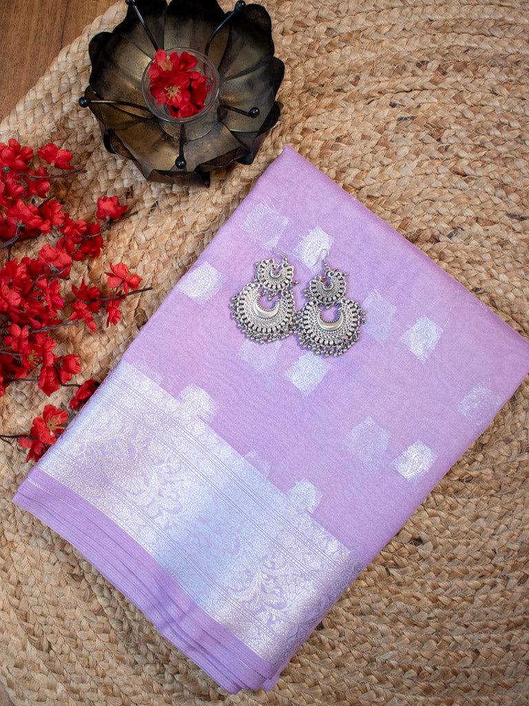Banarasi Semi Chiffon Saree Silver Zari Buti Weaving-Lavender