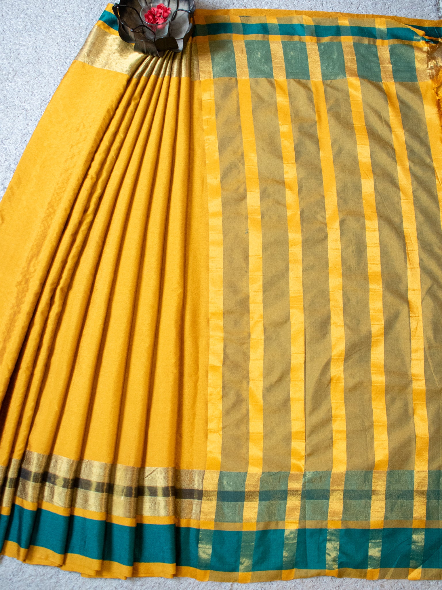 Banarasi Plain Silk Saree With Contrast Border - Yellow