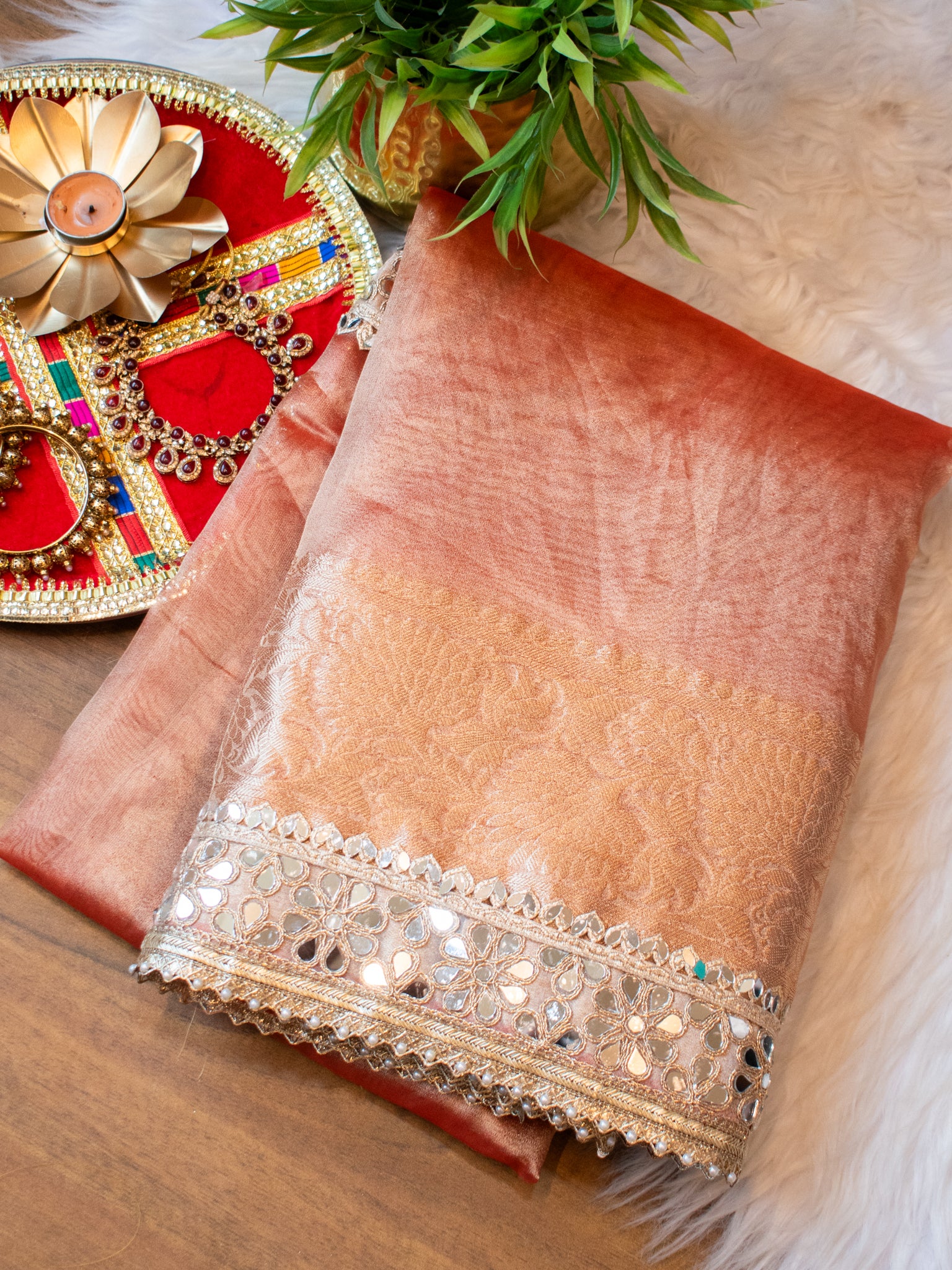Banarasi Plain Tissue Saree with Mirror Lace Border - Rust