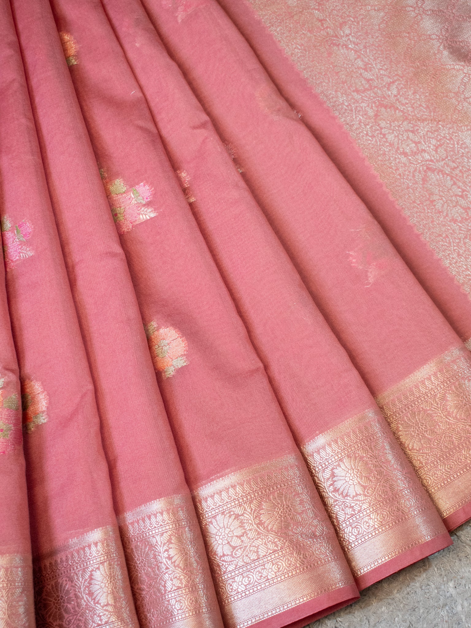 Banarasi Semi Georgette Saree with Floral Weaving & Border- Pink