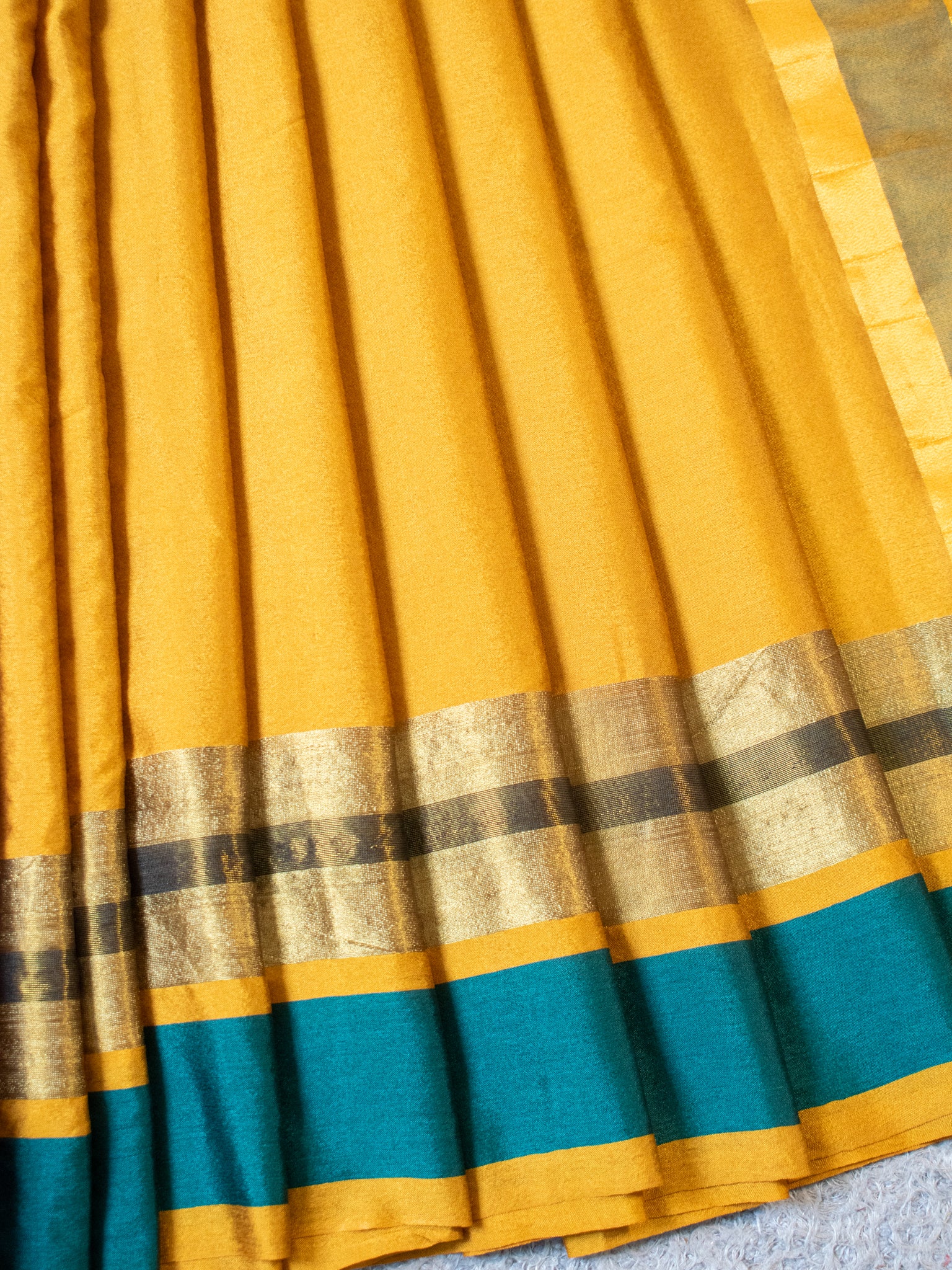 Banarasi Plain Silk Saree With Contrast Border - Yellow