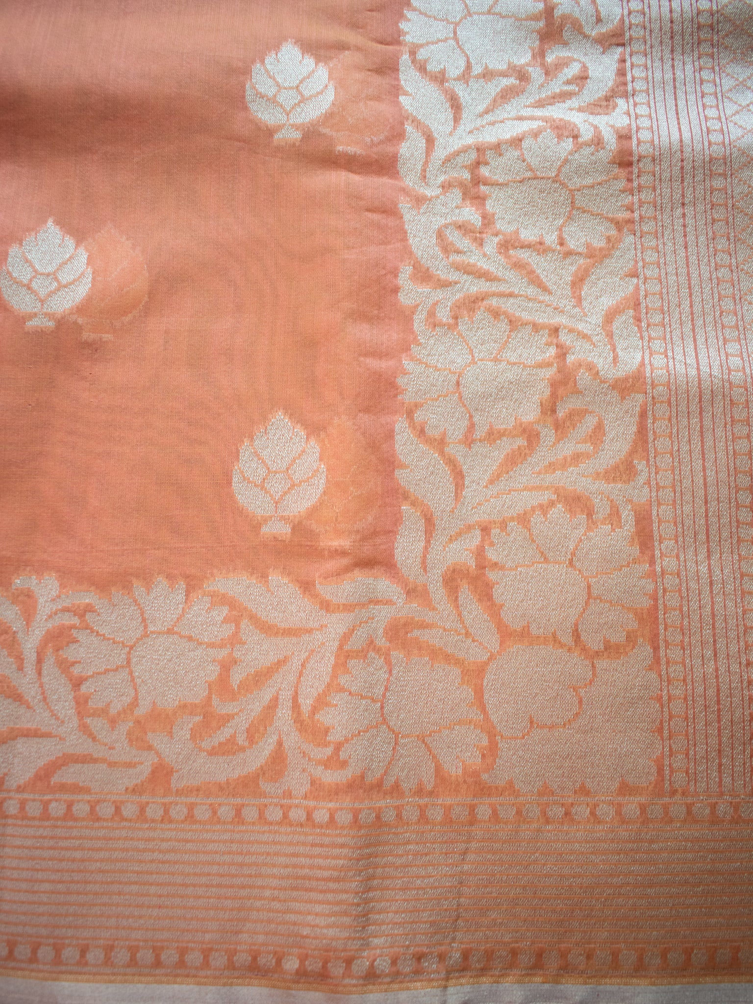 Banarasi Dupion Linen Saree With Silver Buti Weaving-Peach