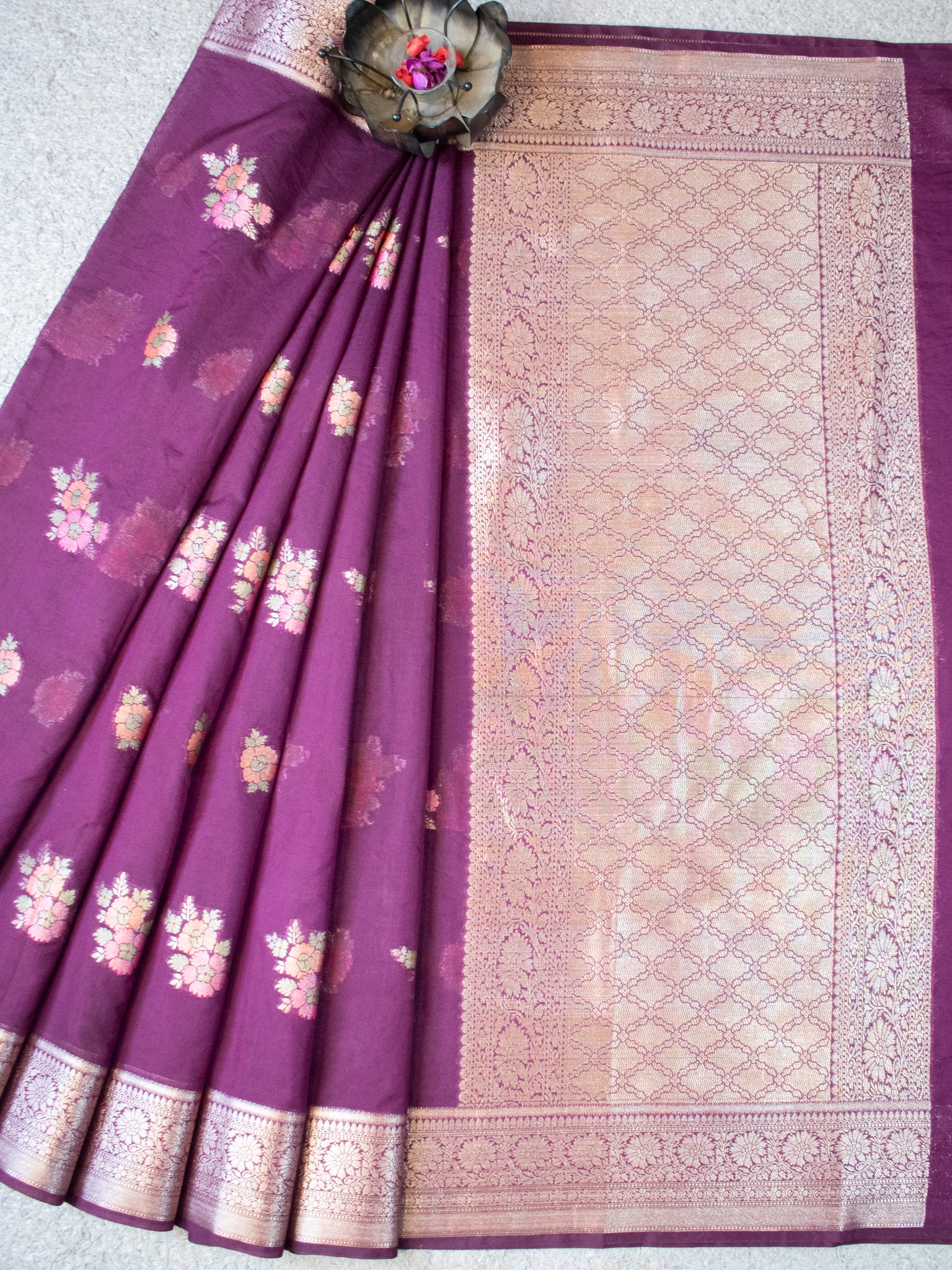 Banarasi Semi Georgette Saree with Floral Weaving & Border- Wine