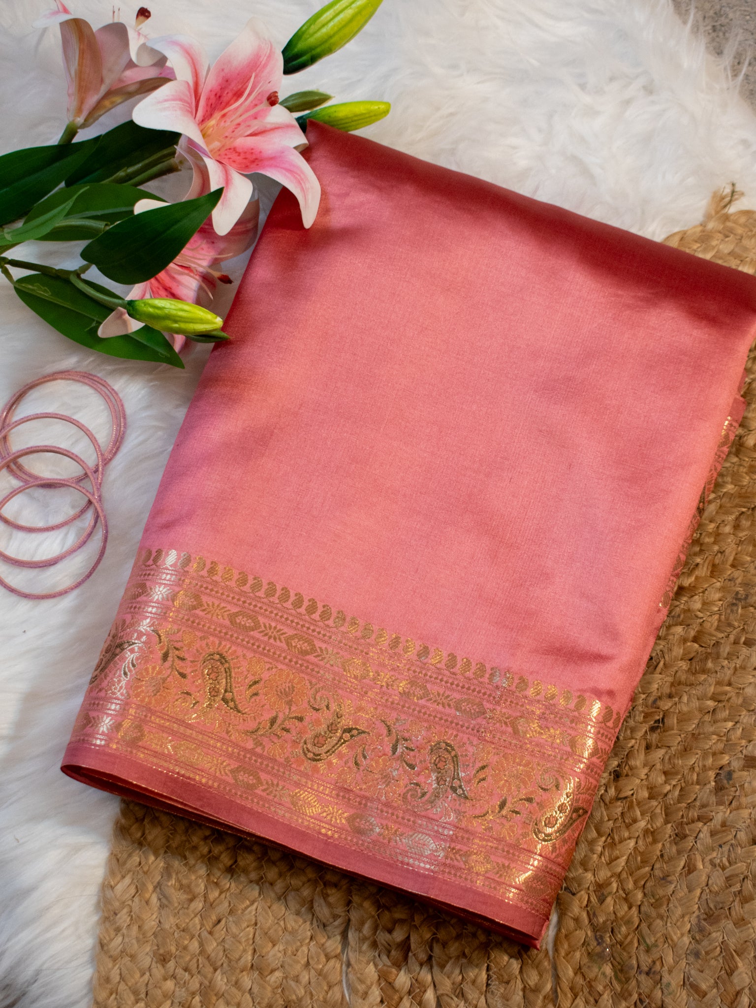 Banarasi Plain Silk Saree With Weaving- Peach