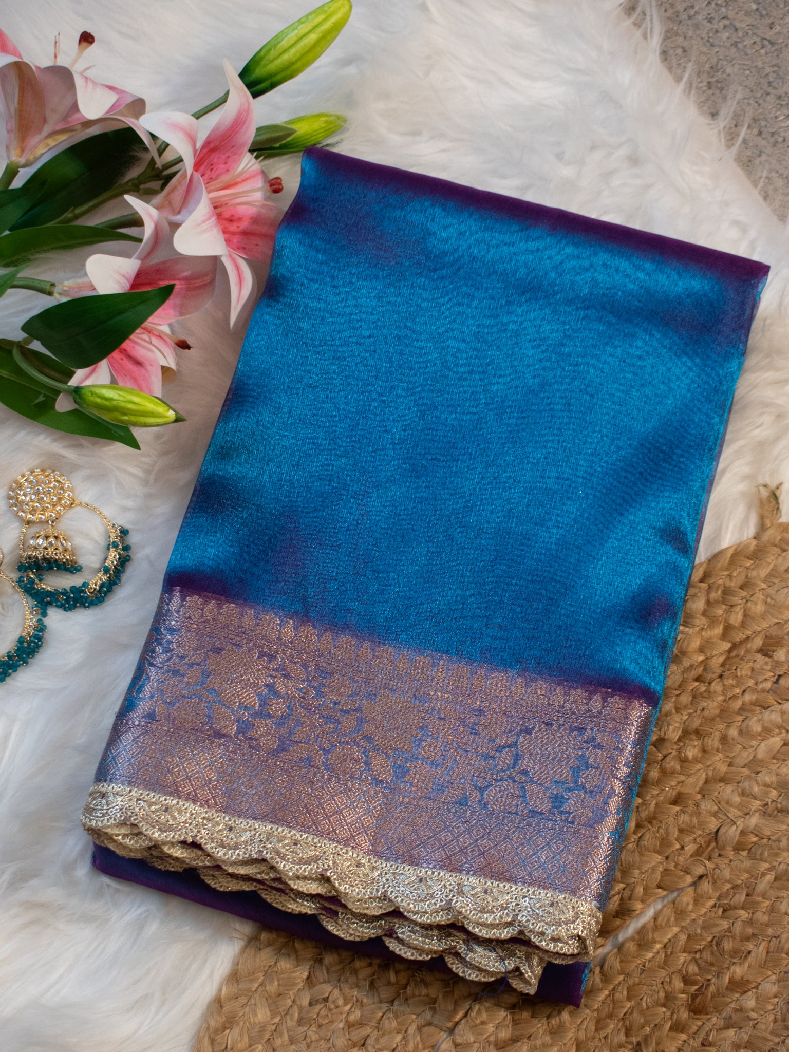 Banarasi Plain Tissue Saree With Lace Border - Shaded Blue