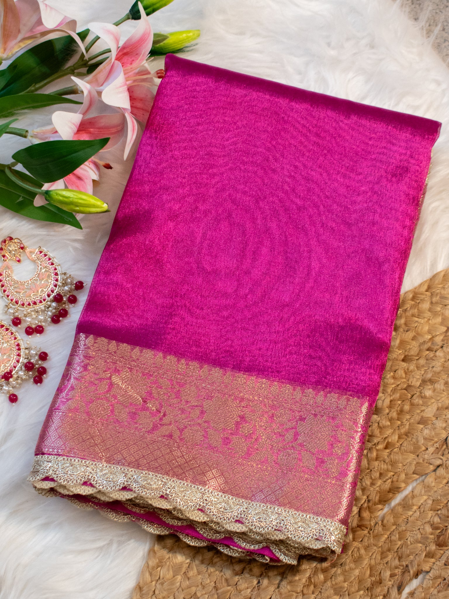 Banarasi Plain Tissue Saree With Lace Border - Magenta