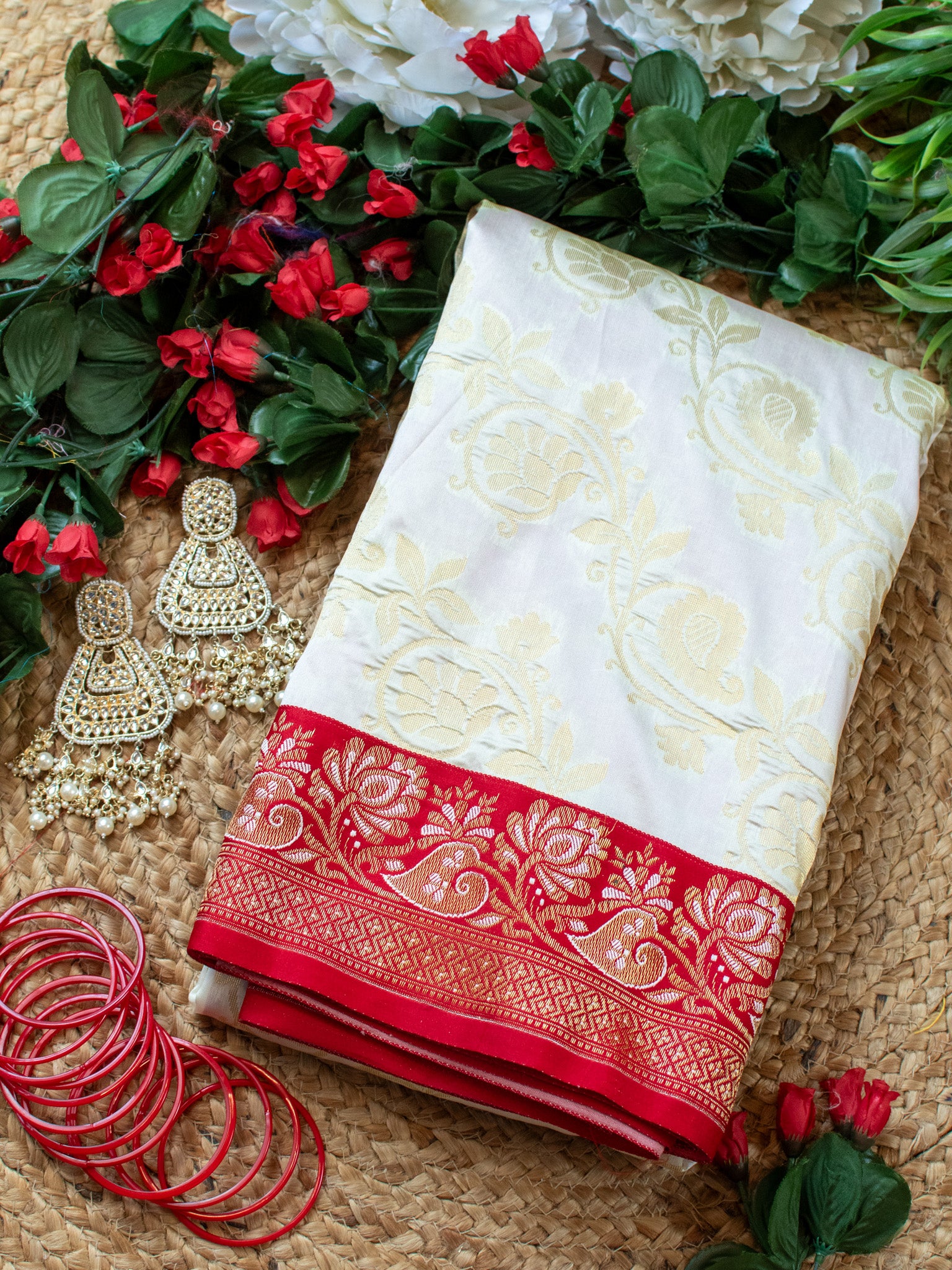 Banarasi Dupion Silk Saree With Contrast Border-Off white & Red