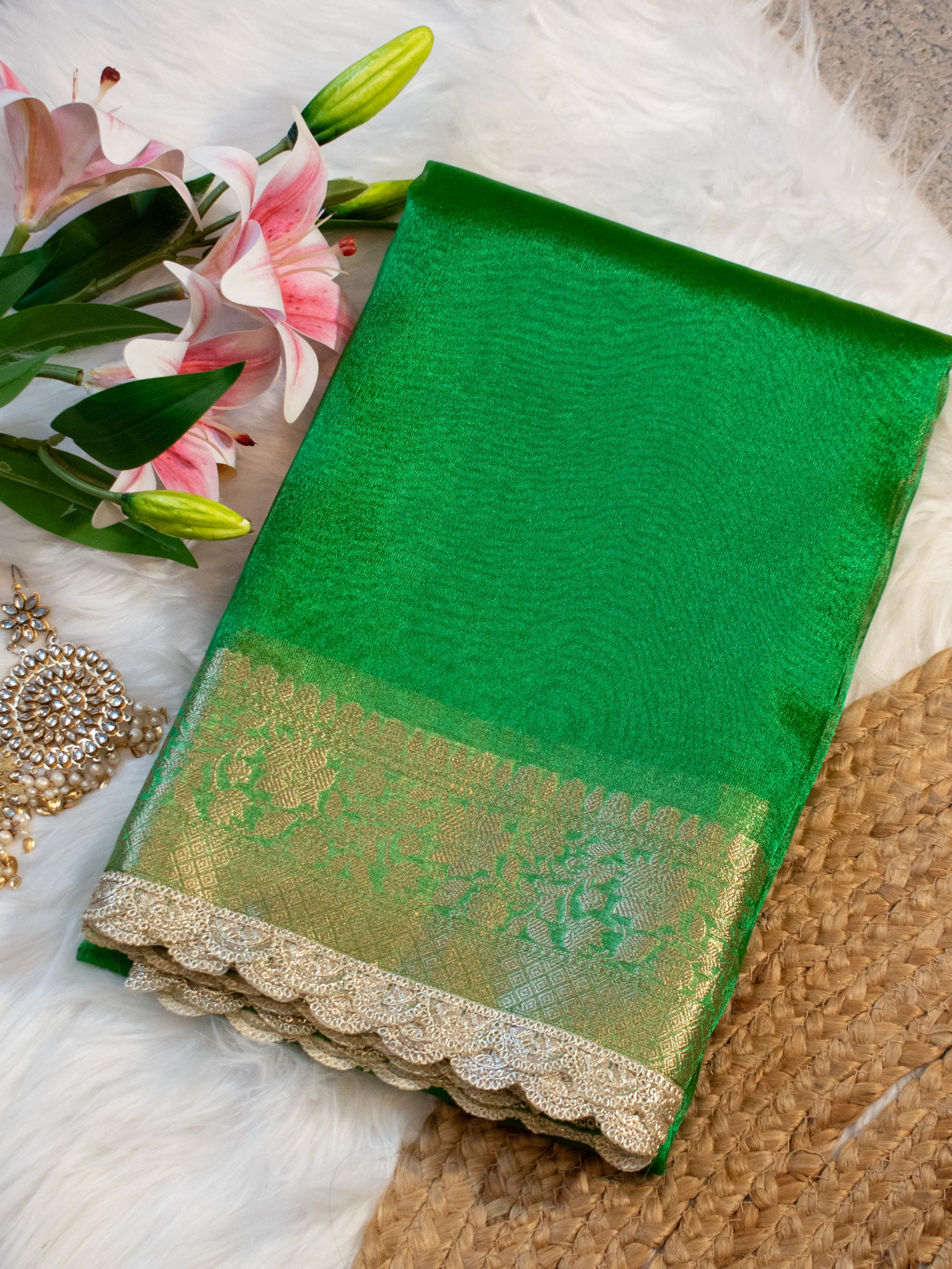 Banarasi Plain Tissue Saree With Lace Border - Green