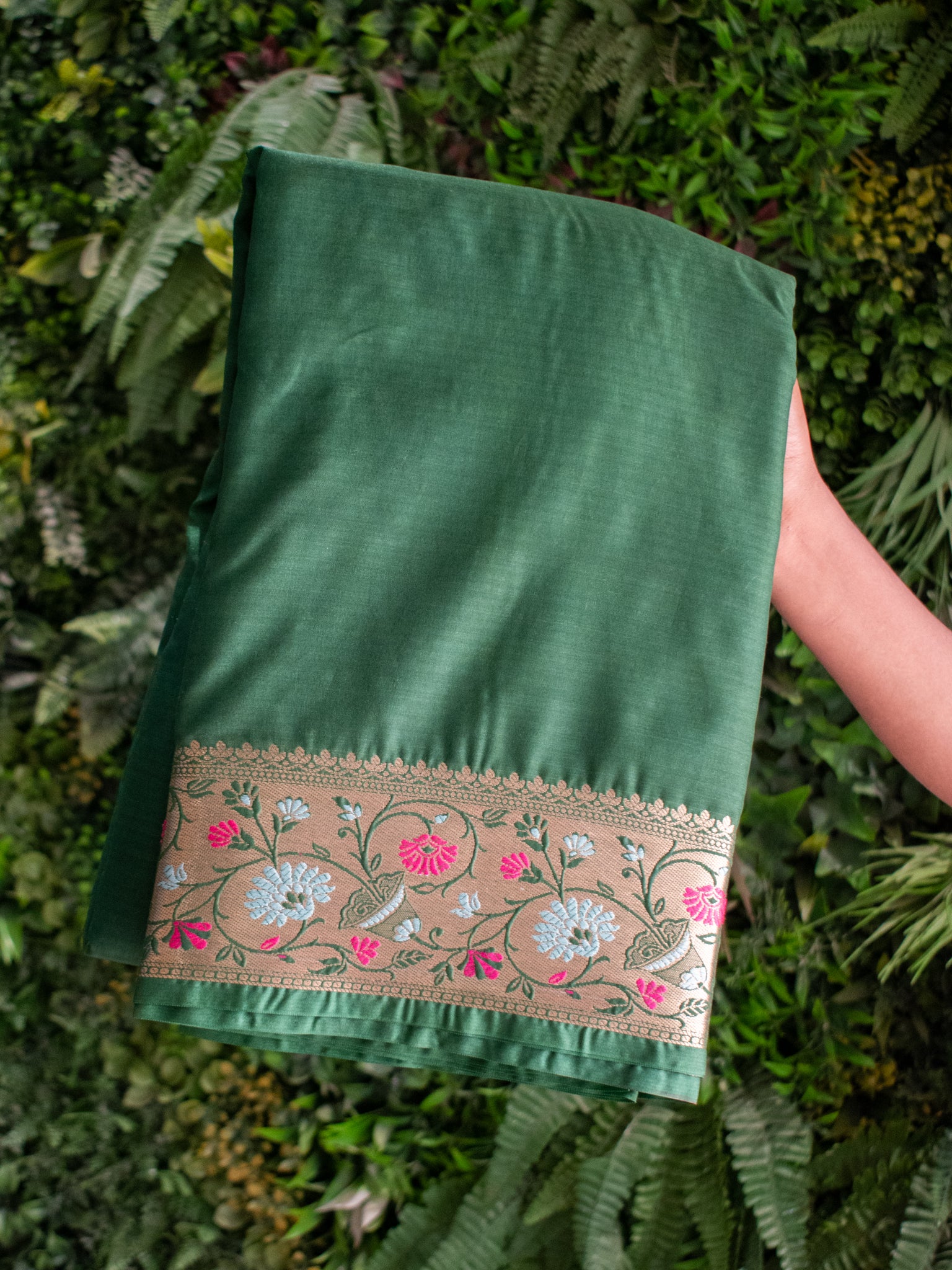 Banarasi Plain Semi Katan Saree With Meena Border- Green