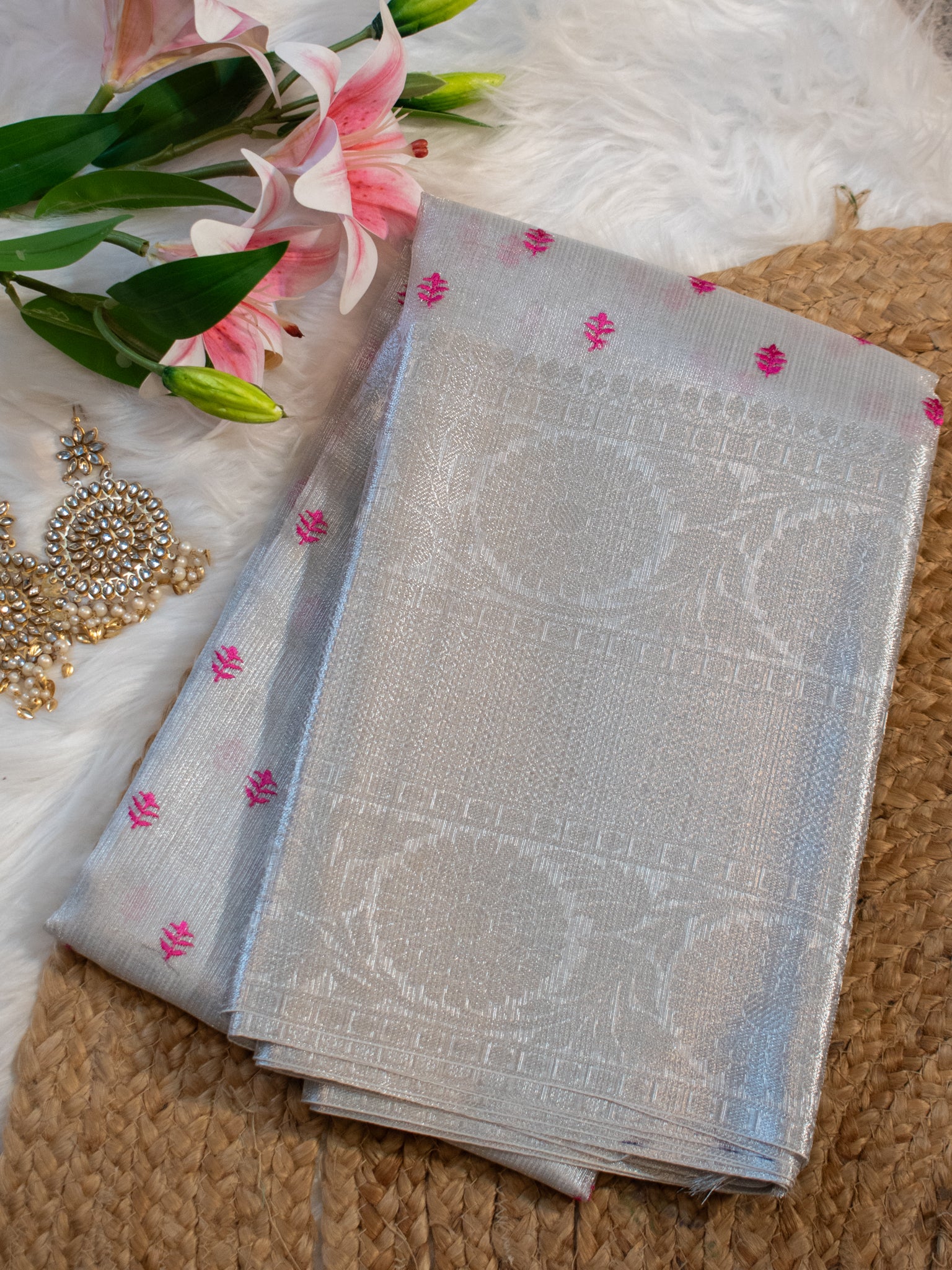 Banarasi Kota Check Saree With Embroidery & Border - Silver