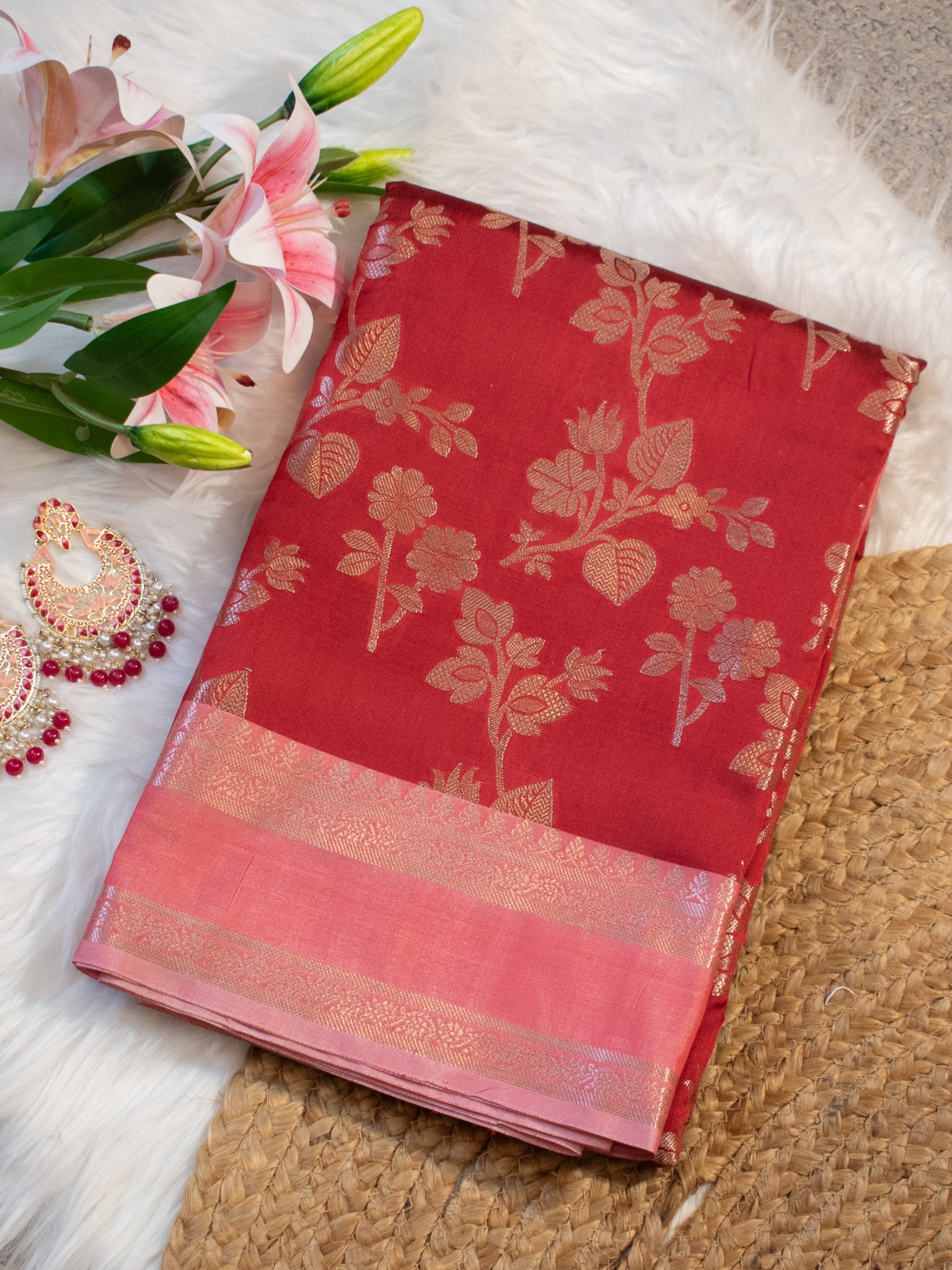 Banarasi Semi Silk Saree With Border - Red