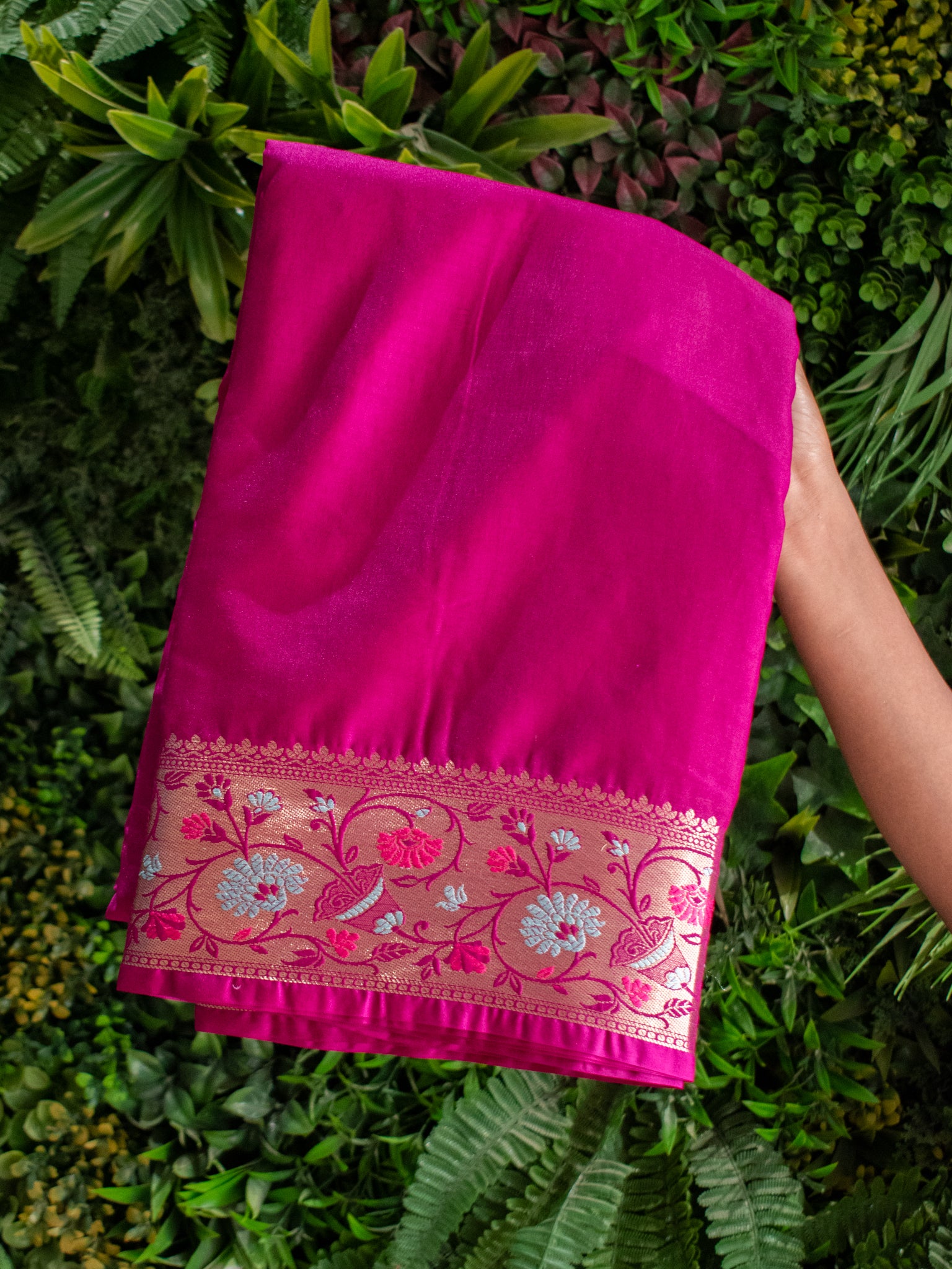 Banarasi Plain Semi Katan Saree With Meena Border- Magenta