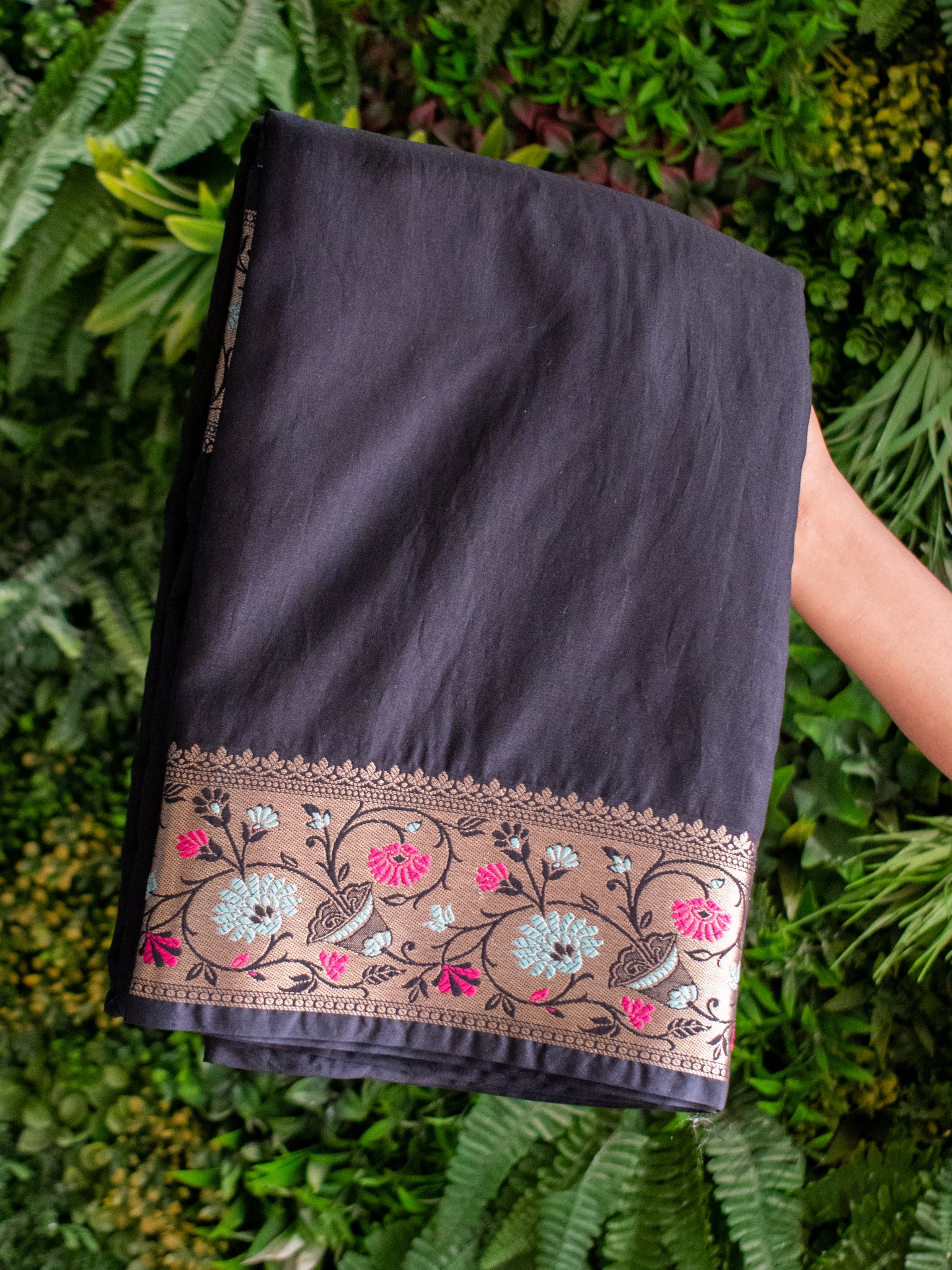 Banarasi Plain Semi Katan Saree With Meena Border- Black