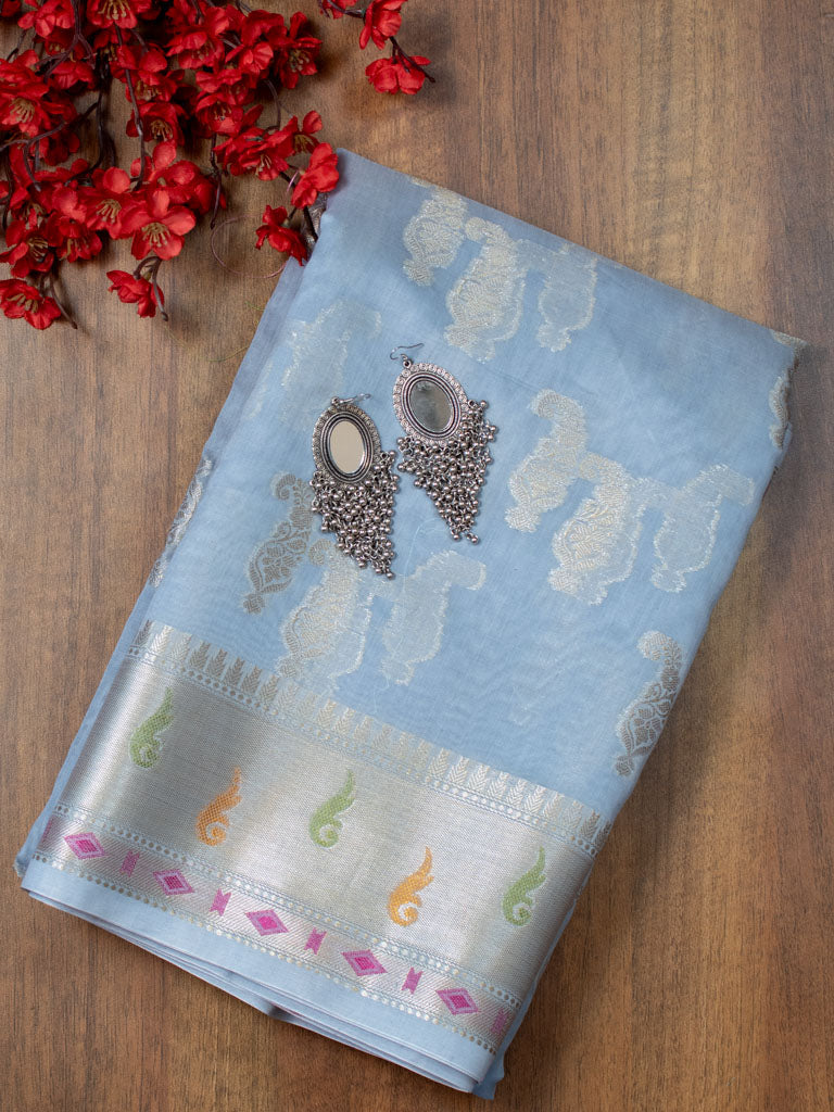 Banarasi Cotton Silk Jaal Resham & Zari Multi Coloured Weaving Saree-Grey