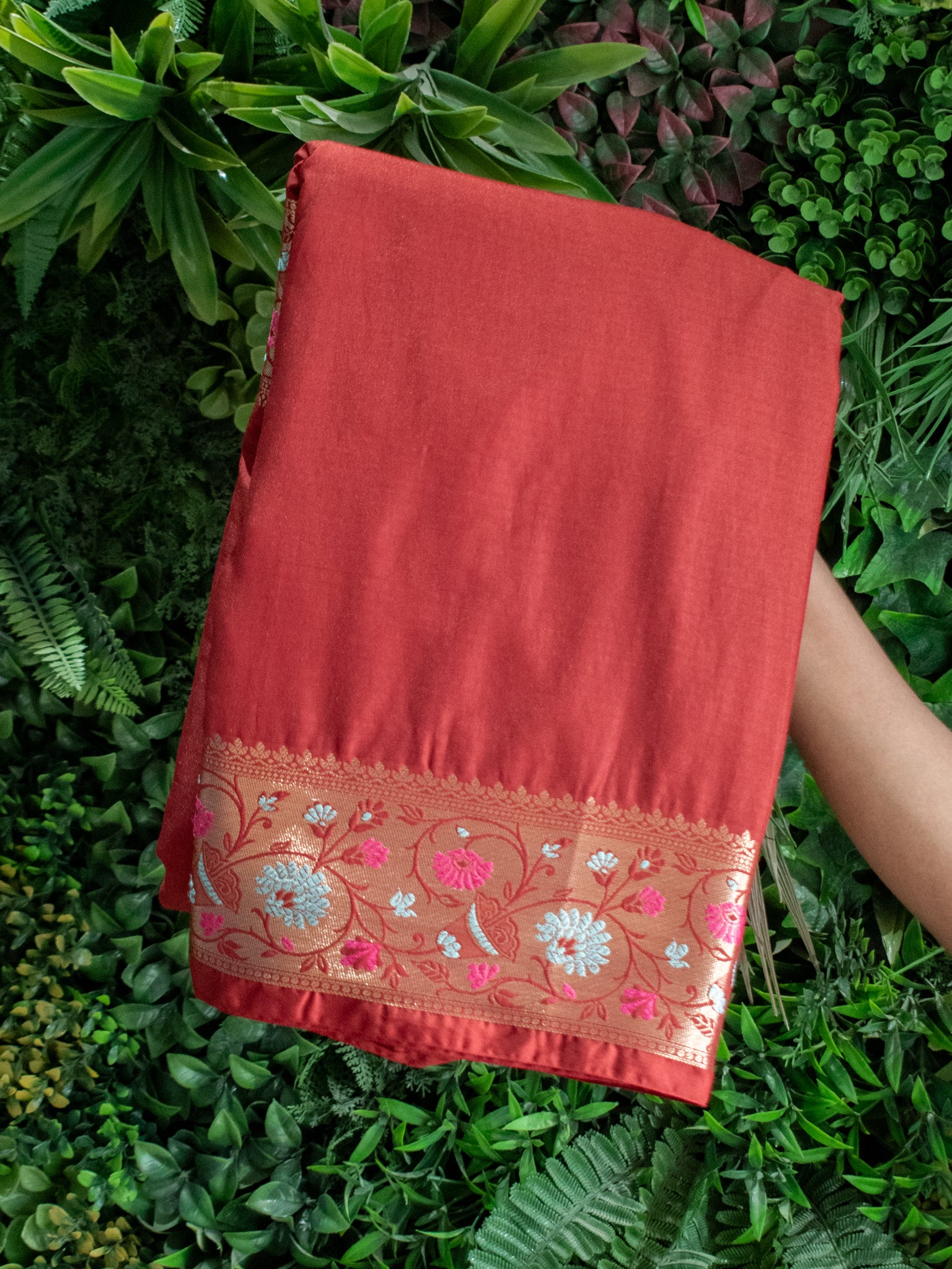 Banarasi Plain Semi Katan Saree With Meena Border- Maroon