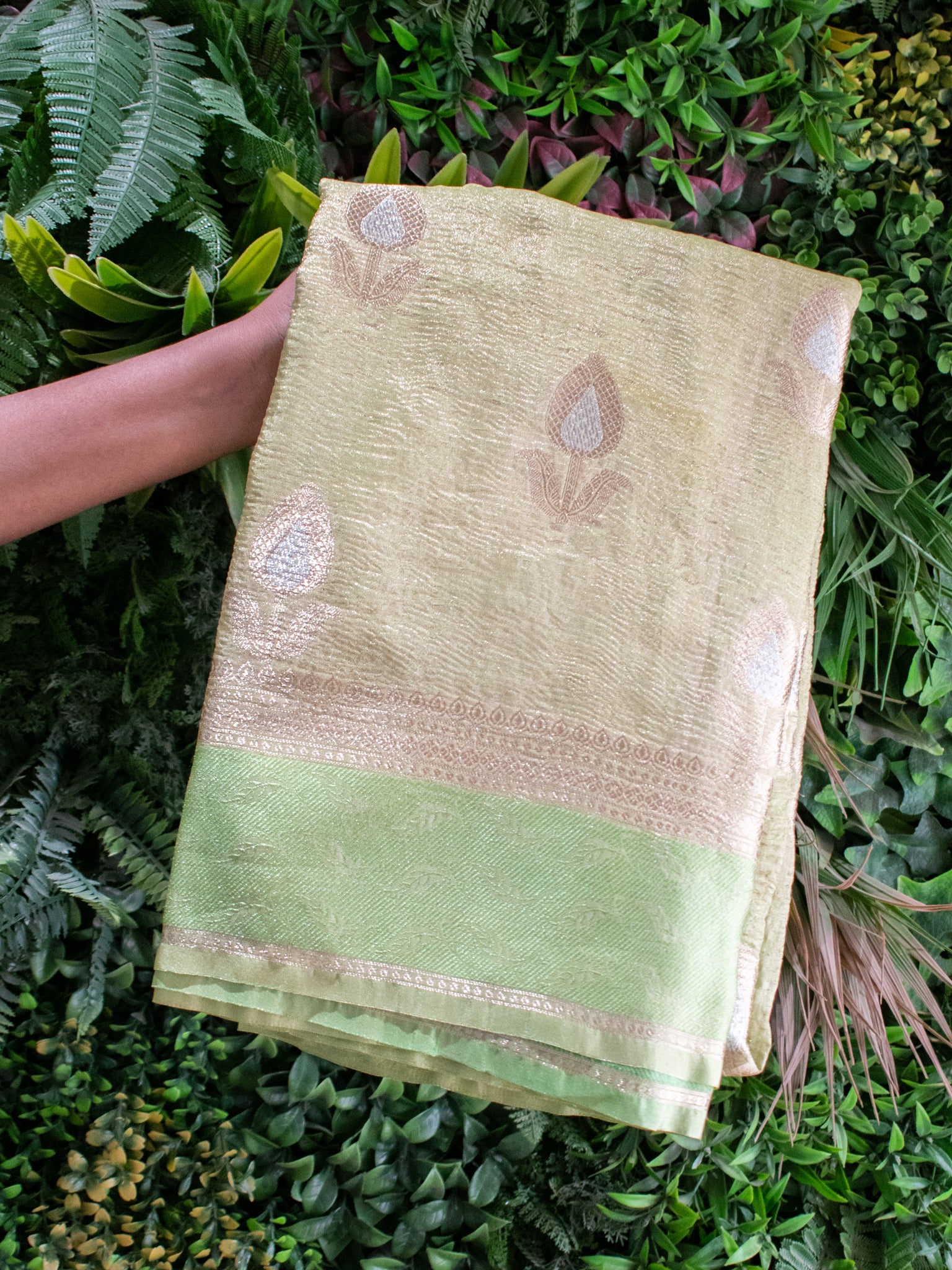 Banarasi Katan Crushed Tissue Saree With Border - Green