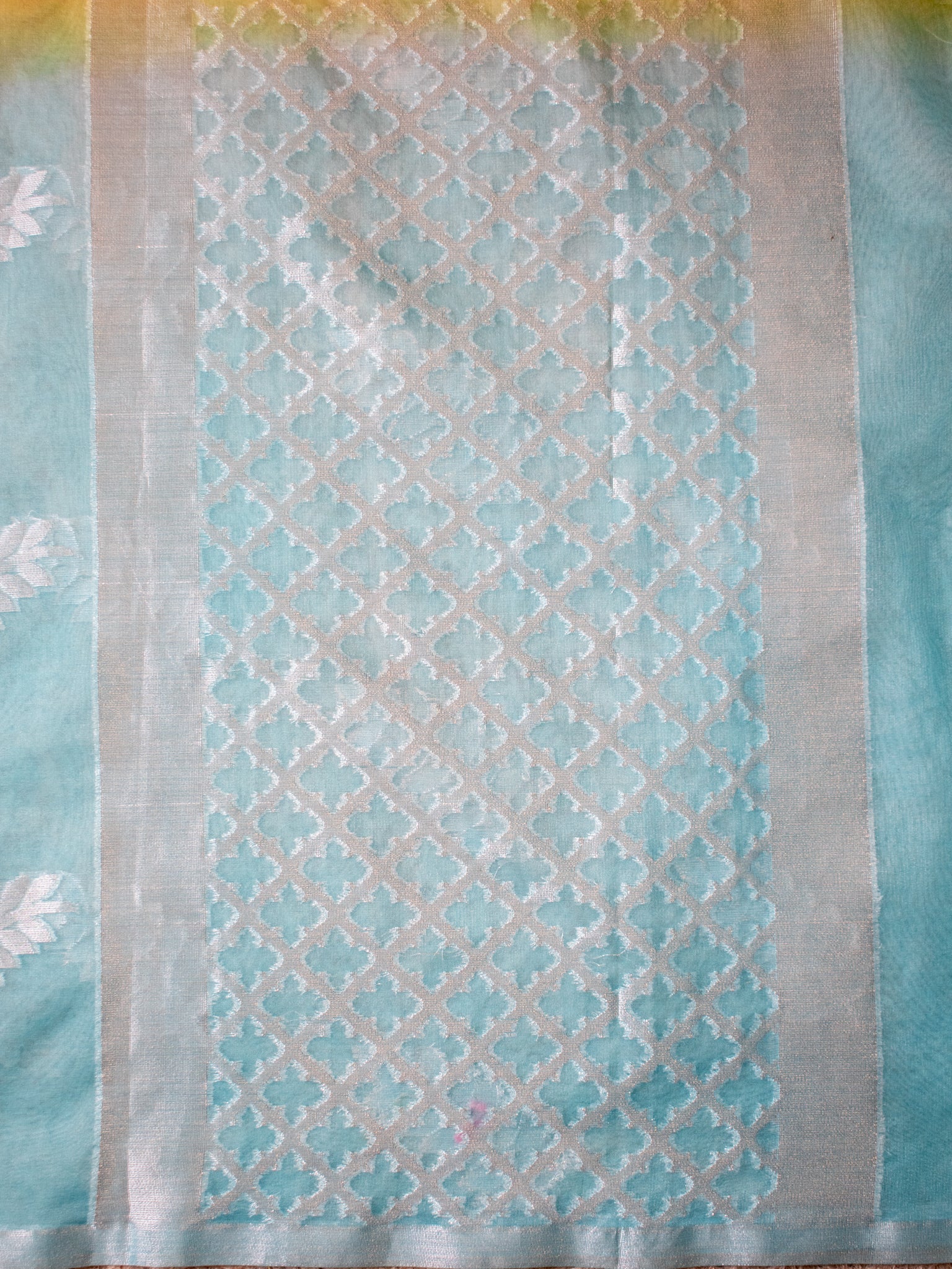 Banarasi Dual Shade Organza Saree With Zari Border- Yellow & Blue