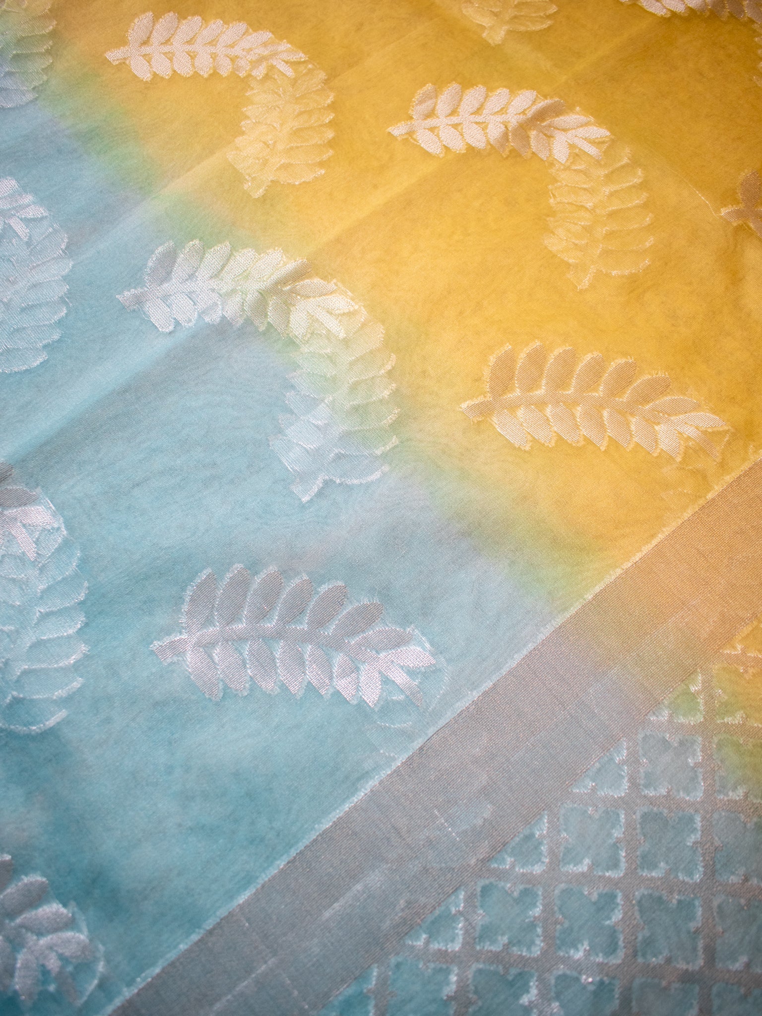 Banarasi Dual Shade Organza Saree With Zari Border- Yellow & Blue