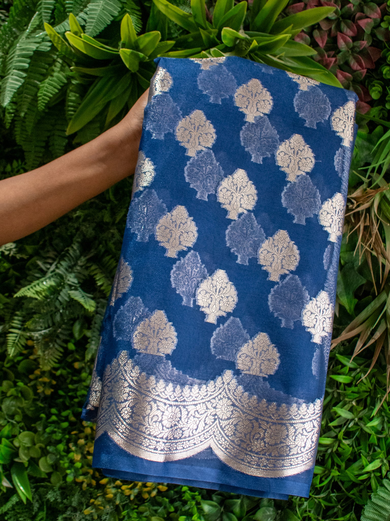 Banarasi Organza Saree With Zari Buta & Border- Blue