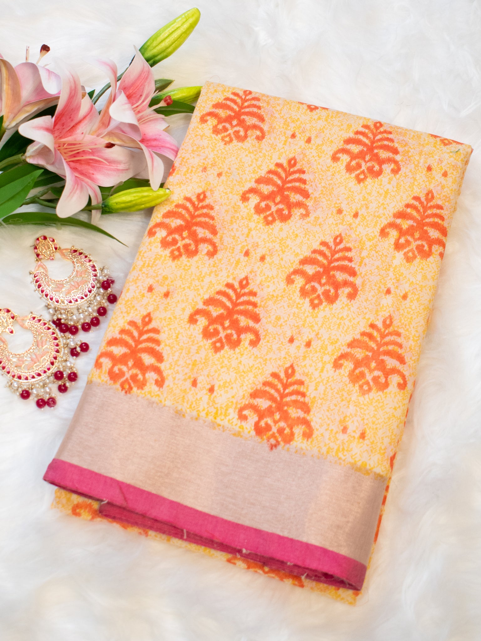 Banarasi Cotton Saree With Block Print & border- Yellow