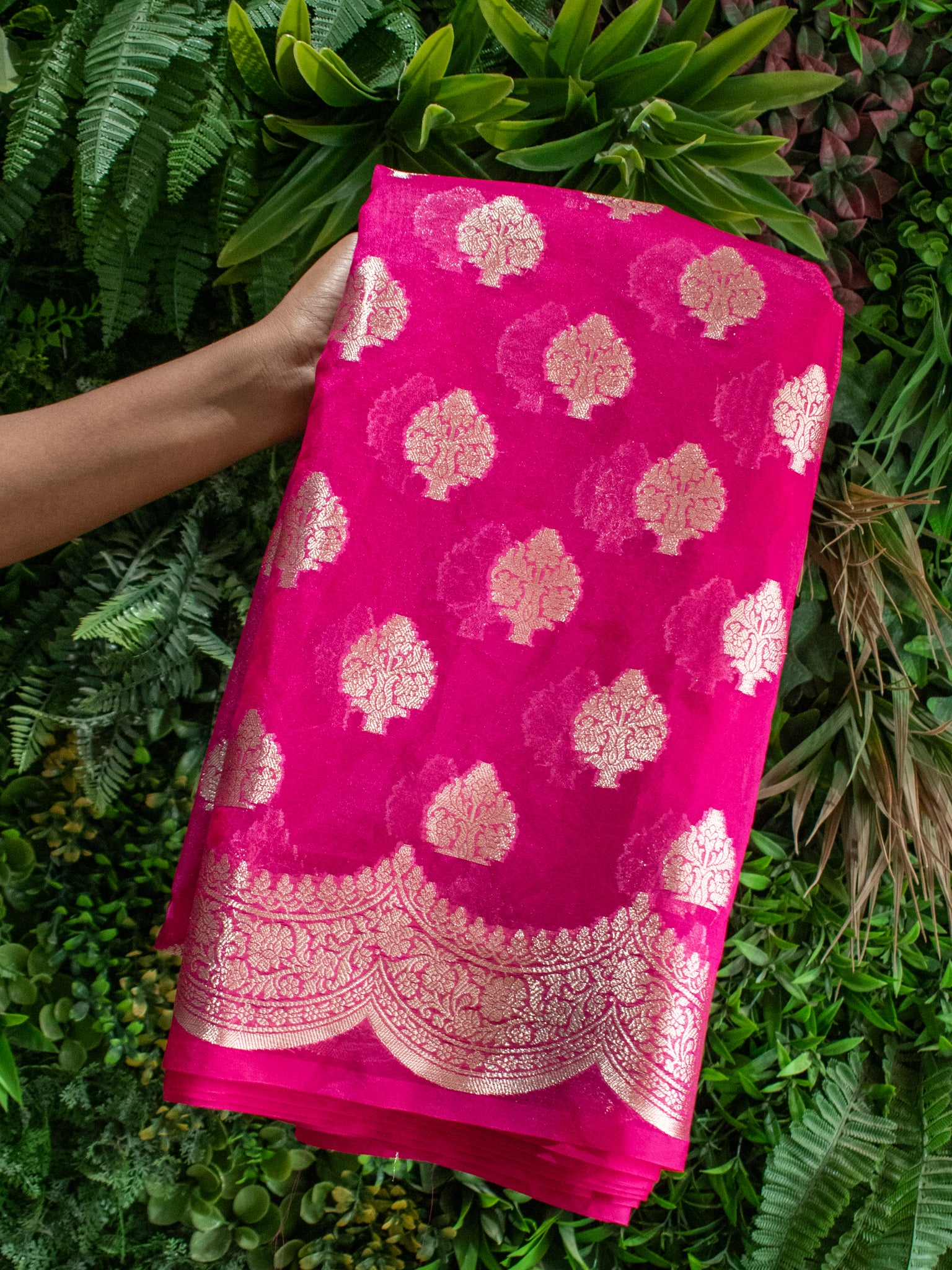 Banarasi Organza Saree With Zari Buta & Border- Magenta