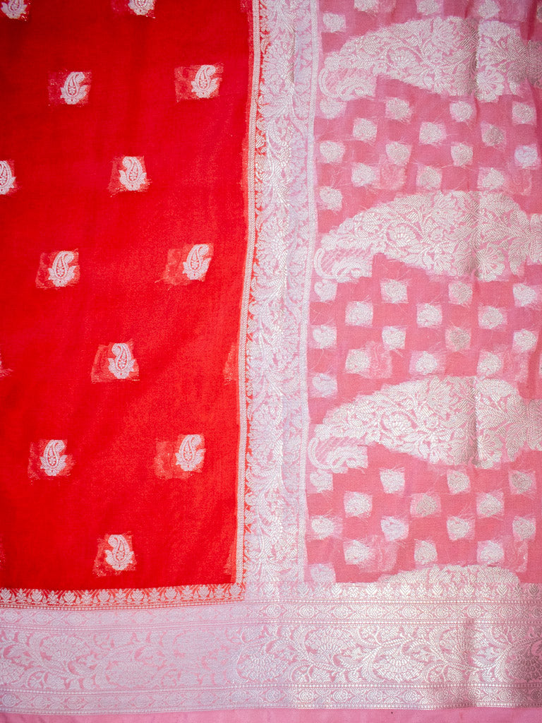 Banarasi Semi Chiffon Saree Silver Zari Buti Weaving & Contrast Border-Red