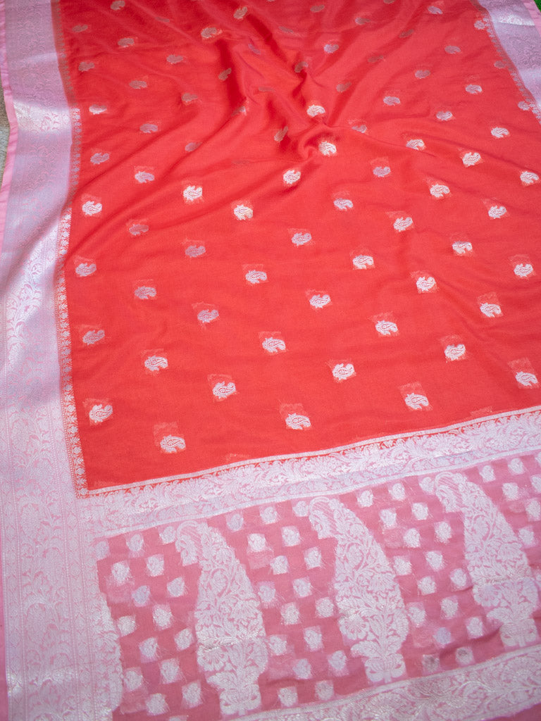 Banarasi Semi Chiffon Saree Silver Zari Buti Weaving & Contrast Border-Red