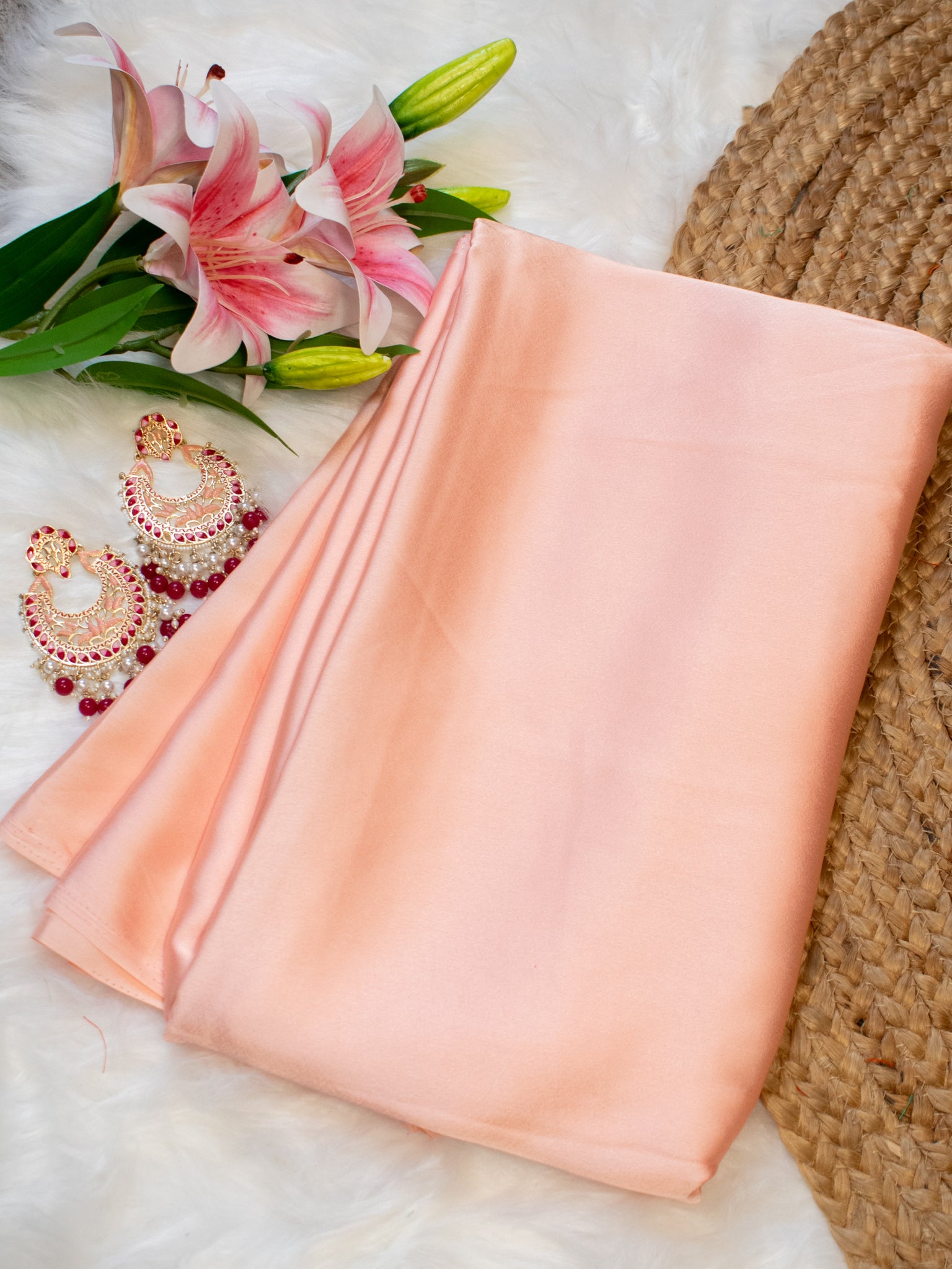Plain Satin Silk Saree- Peach