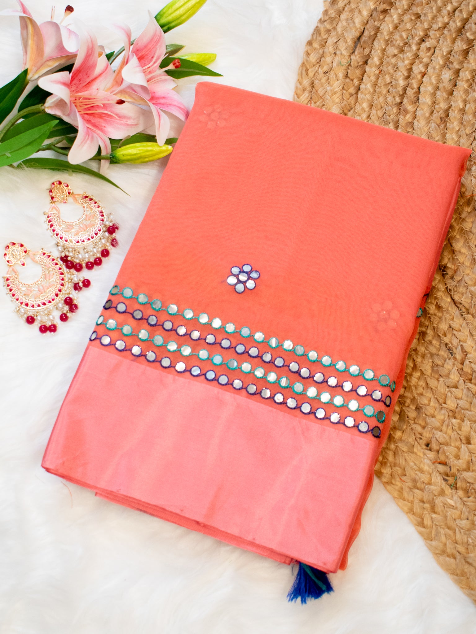 Banarasi Organza Saree With Embroidery & Border - Peach